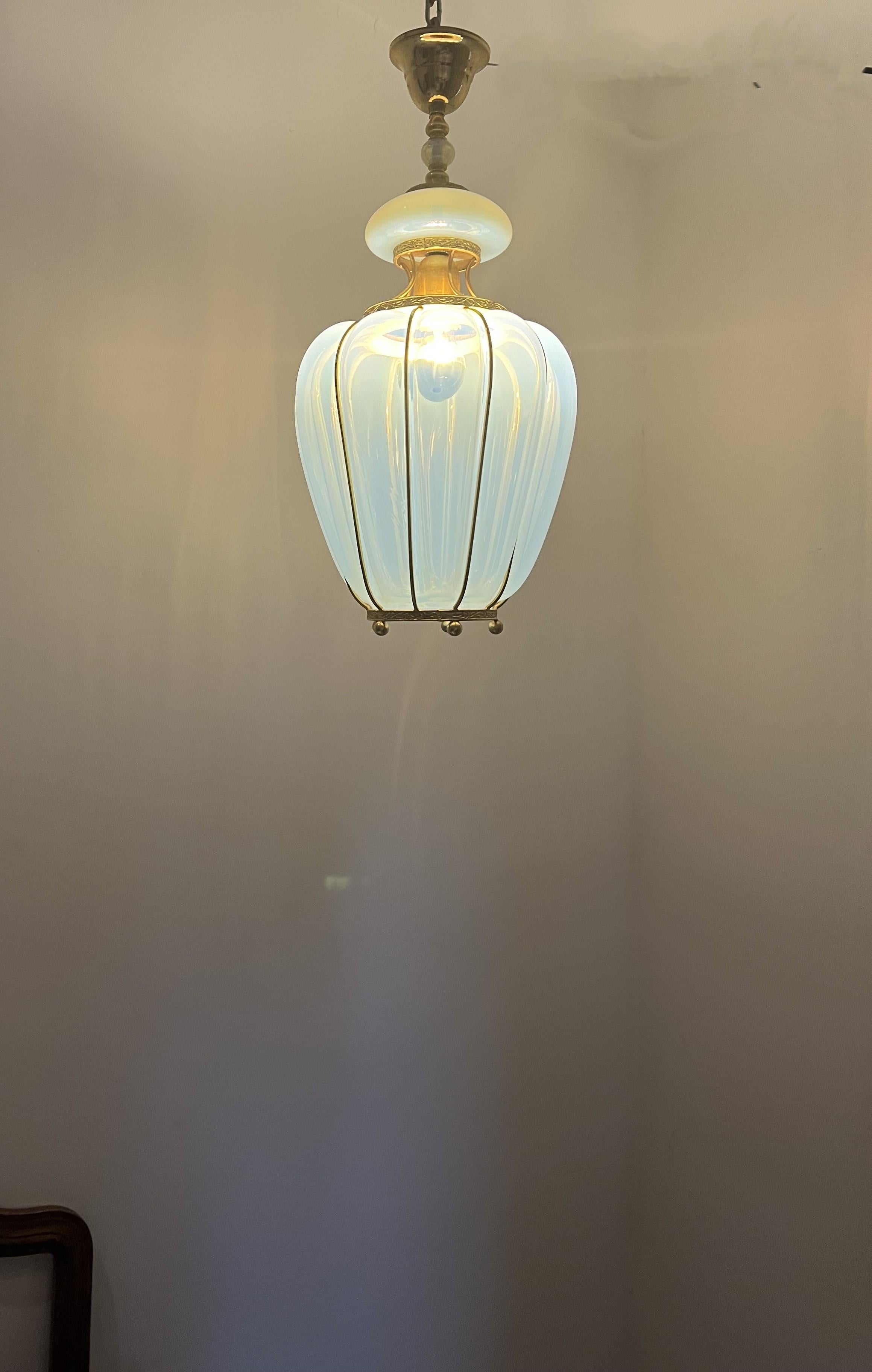Opalescent Blue & Gold Murano Glass Lantern attr to Barovier Toso, Italy ca 1950 In Good Condition In Merida, Yucatan