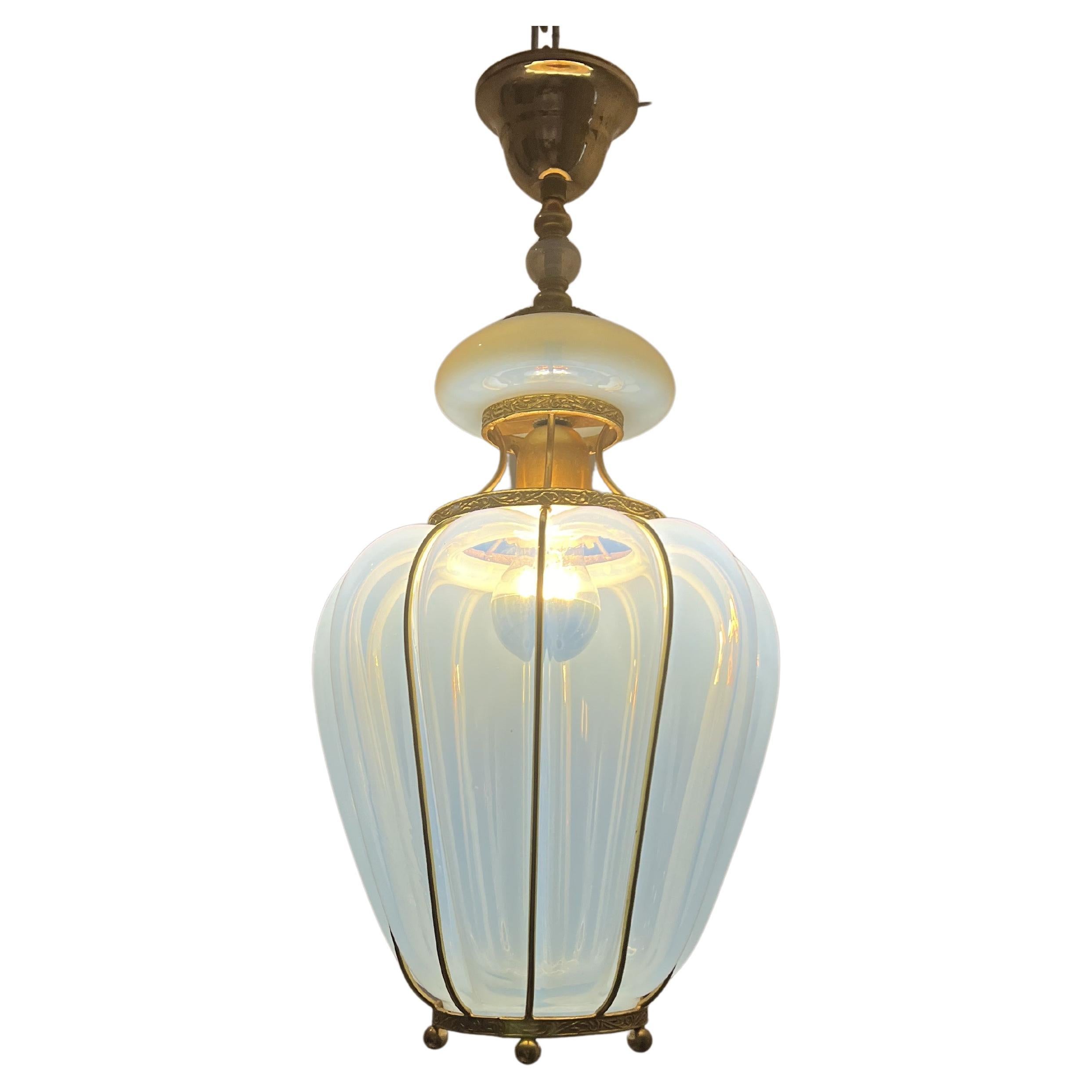 Opalescent Blue & Gold Murano Glass Lantern attr to Barovier Toso, Italy ca 1950