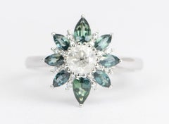 Opalescent Diamond with Montana Sapphire Halo Engagement Ring 14K White Gold
