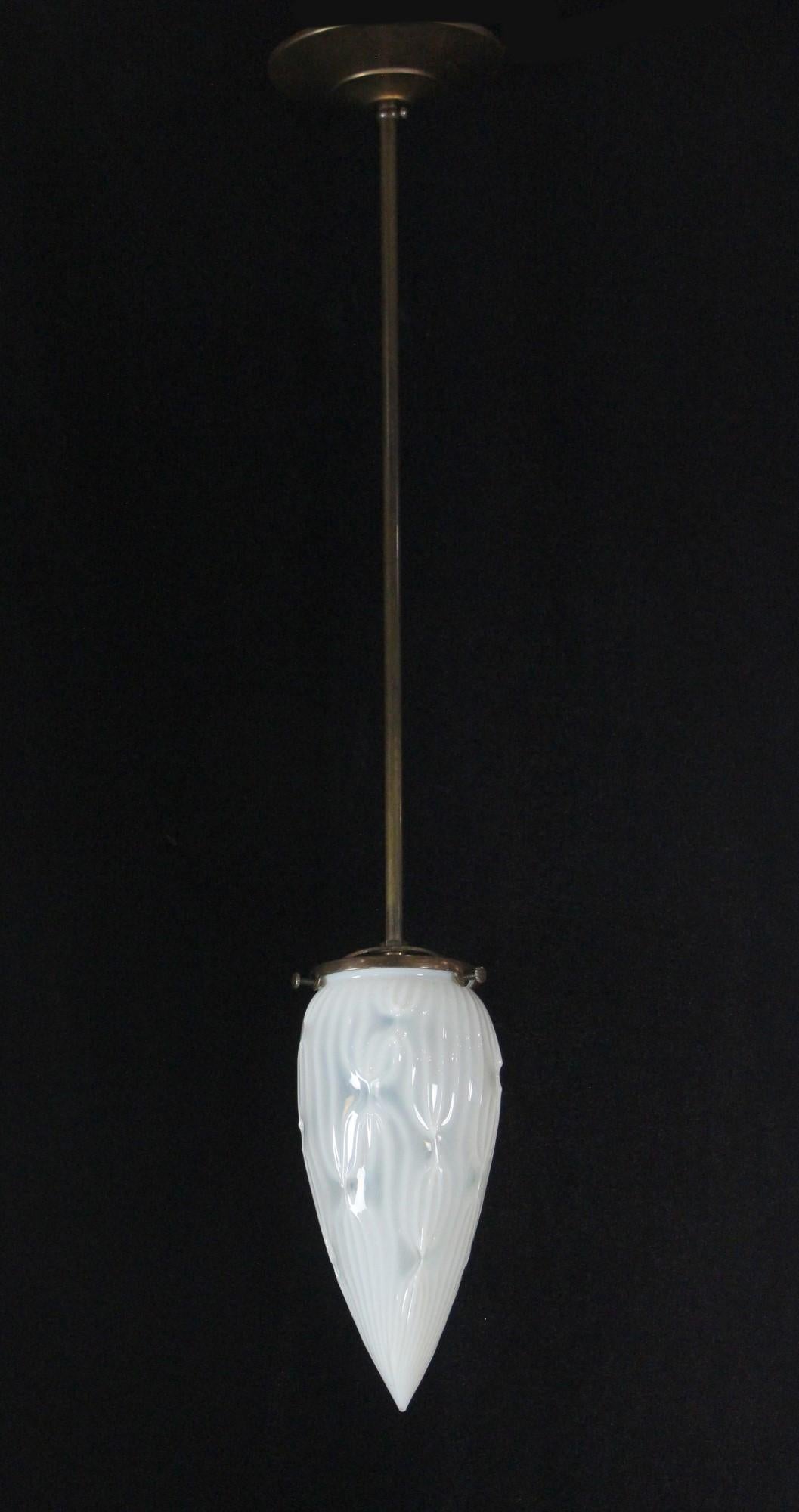 20th Century pendant light showing off a milky white opalescent cone shaped glass shade with new brass hardware. Cleaned and rewired. Please note, this item is located in our Scranton, PA location.