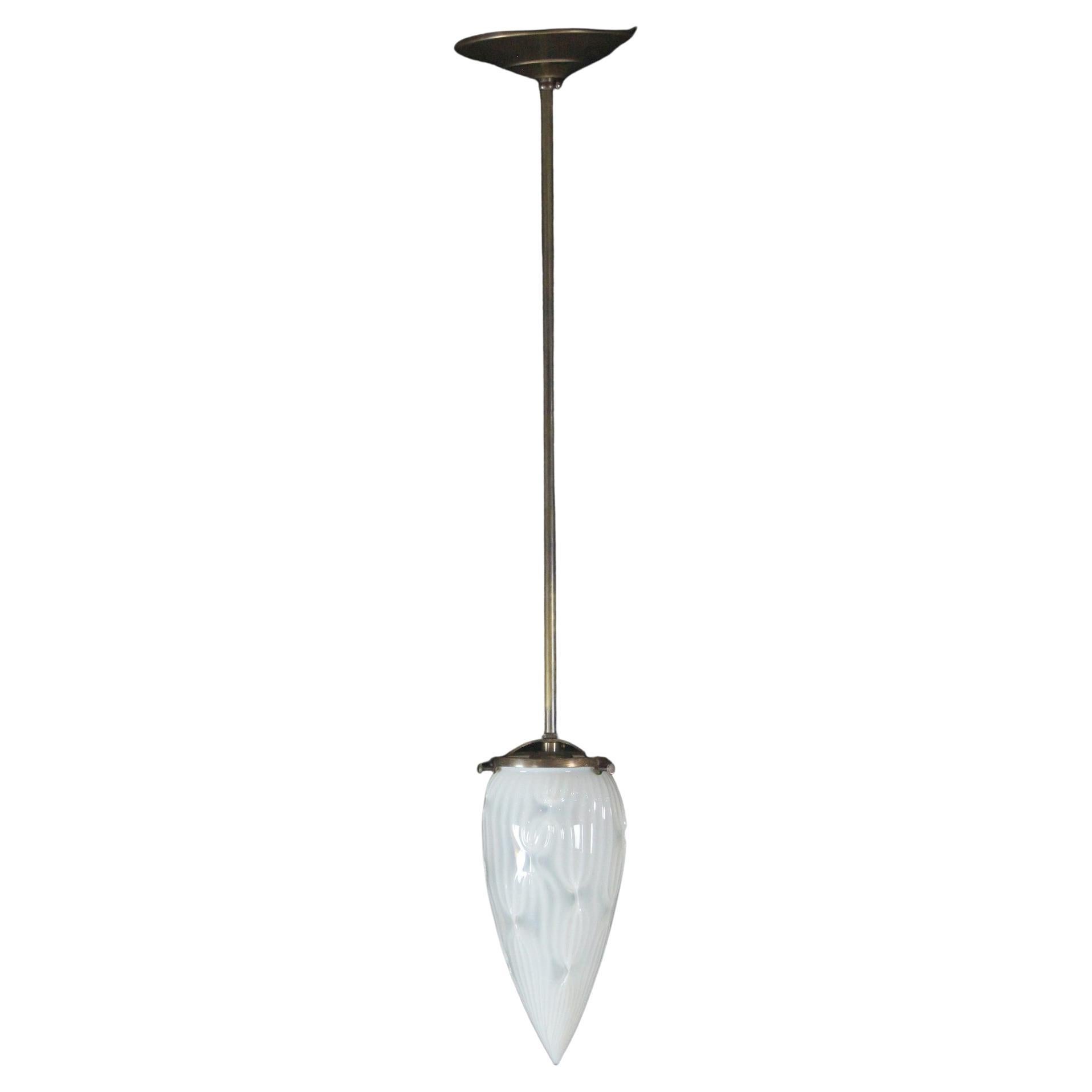 Opalescent Glass Cone Shade Pendant Light Brass Hardware For Sale