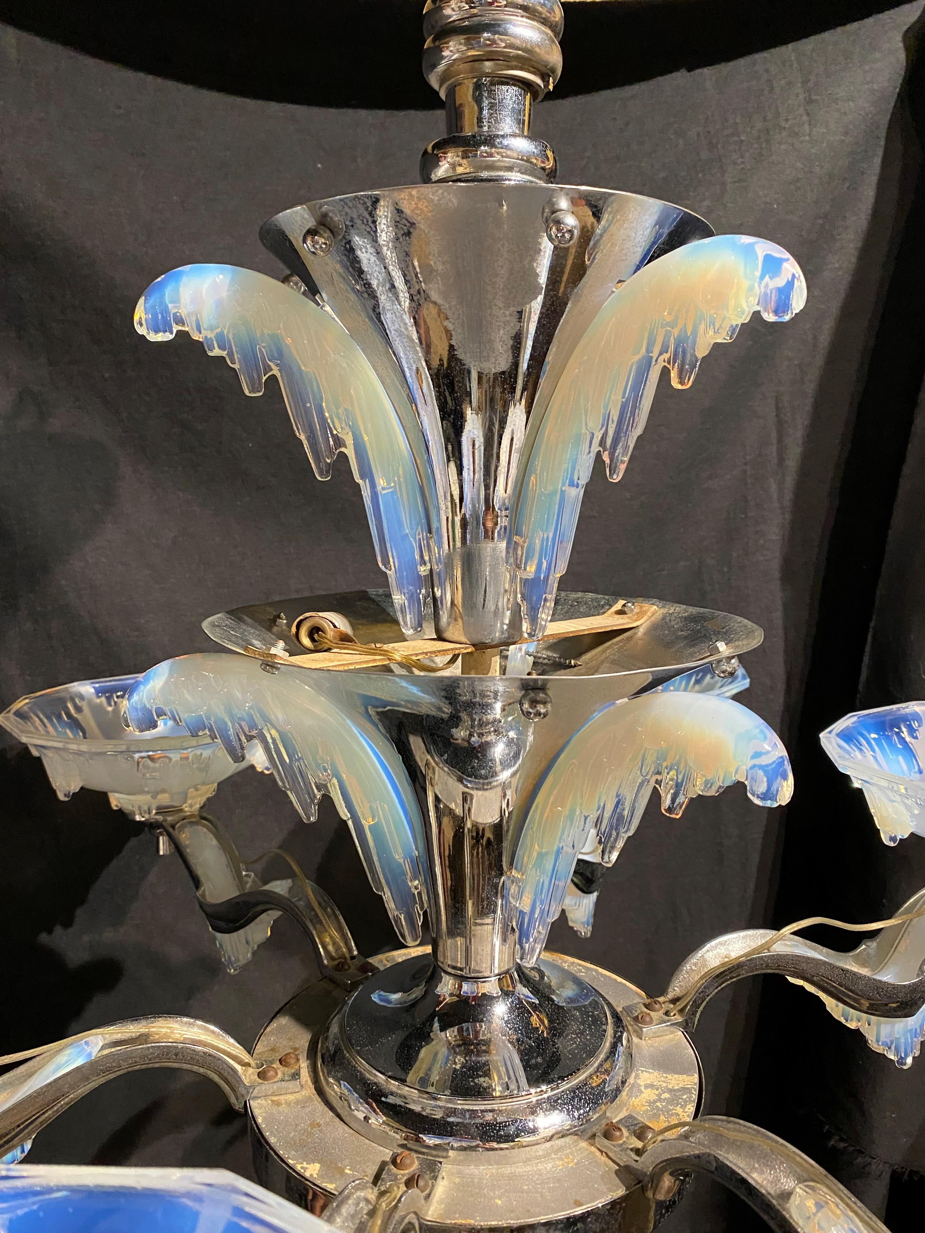  Opalescent Icicle Art Deco Chandelier In the Manner of Petitot & Ezan For Sale 2