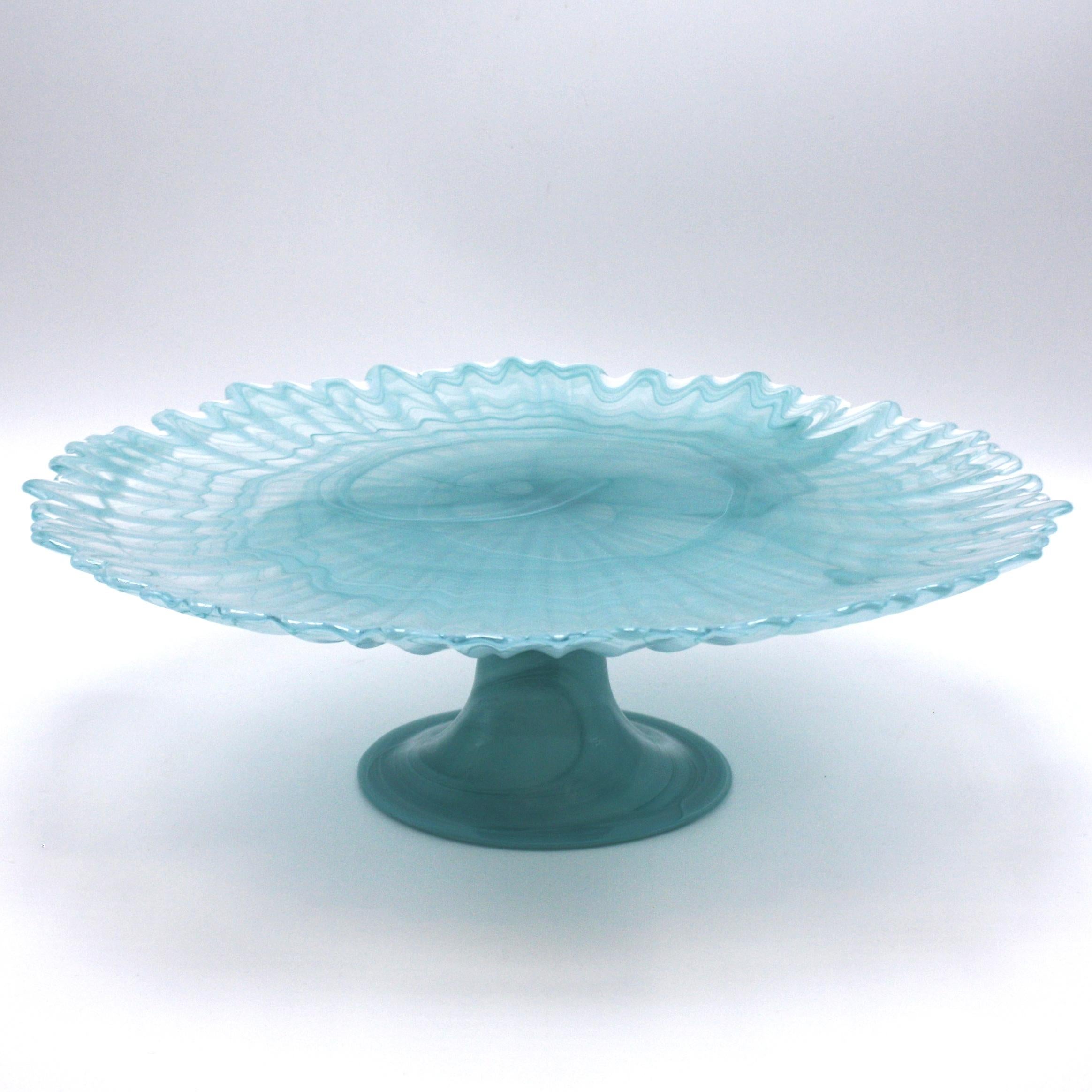 Opalescent Murano glass cake stand, circa 1950
Measures: 12 3/4” diameter x 4” height.
