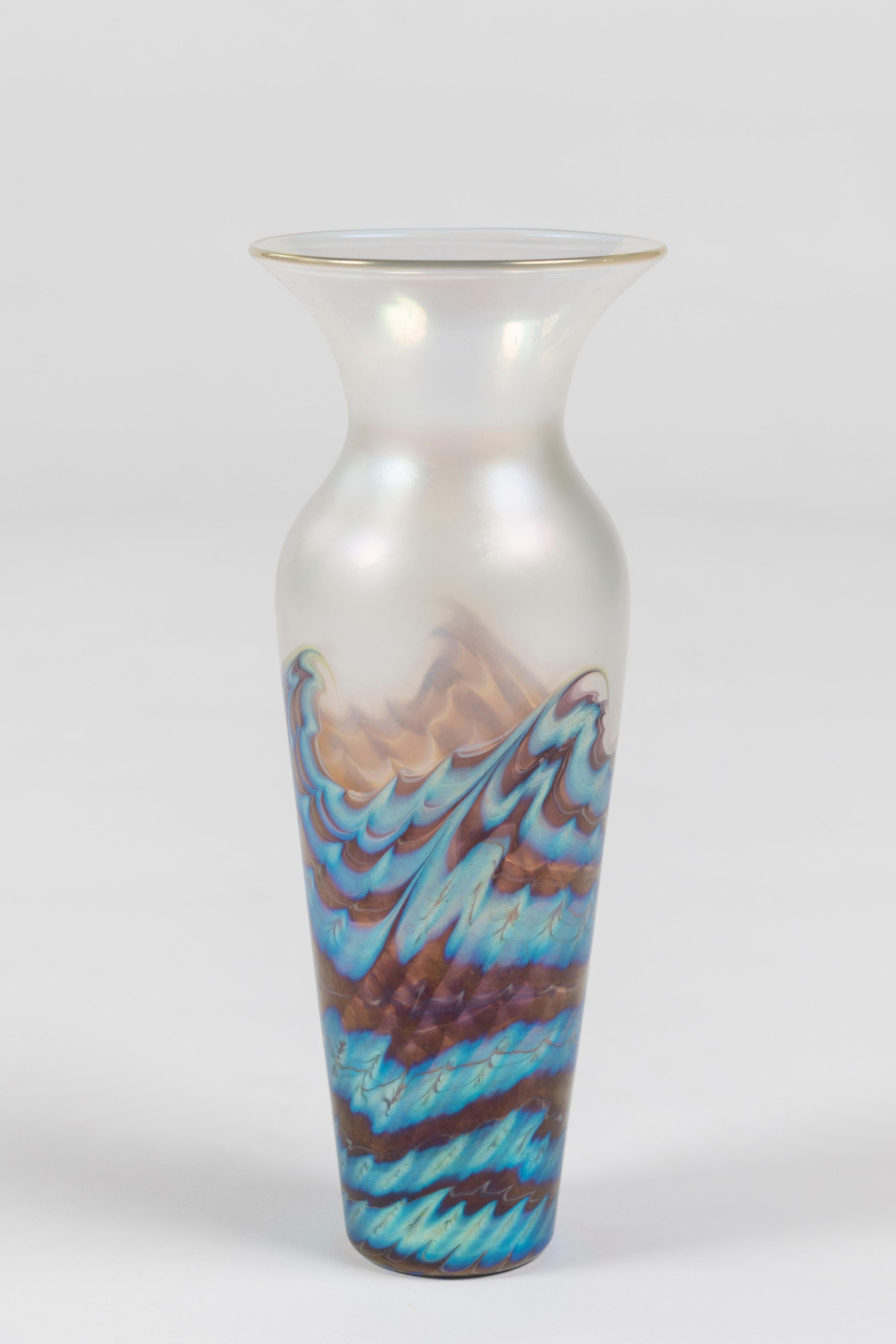 Art Nouveau Opalescent Wave Pattern Art Glass Vase, Lundberg Studios of California, Signed For Sale