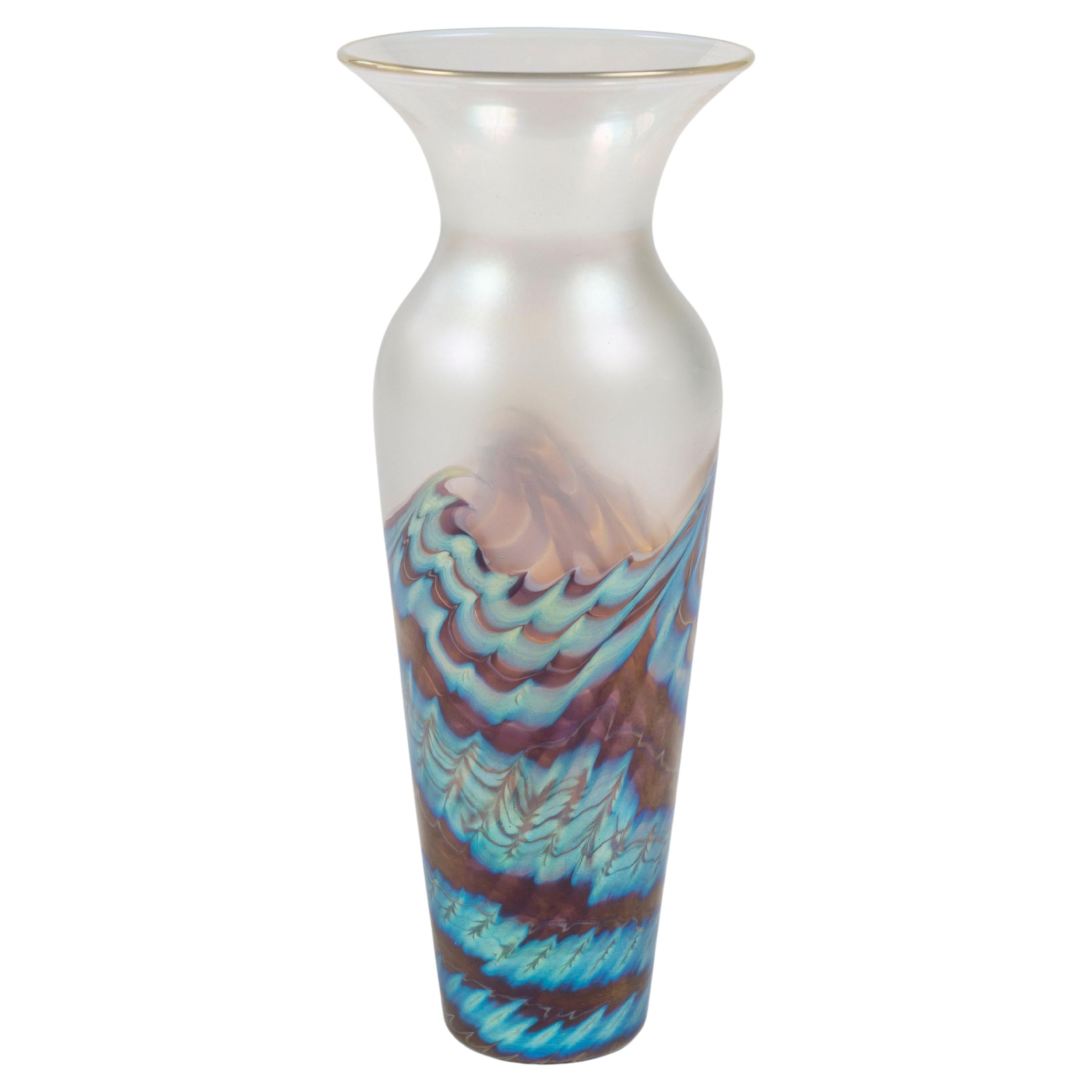 Opalescent Wave Pattern Art Glass Vase, Lundberg Studios of California, Signed For Sale