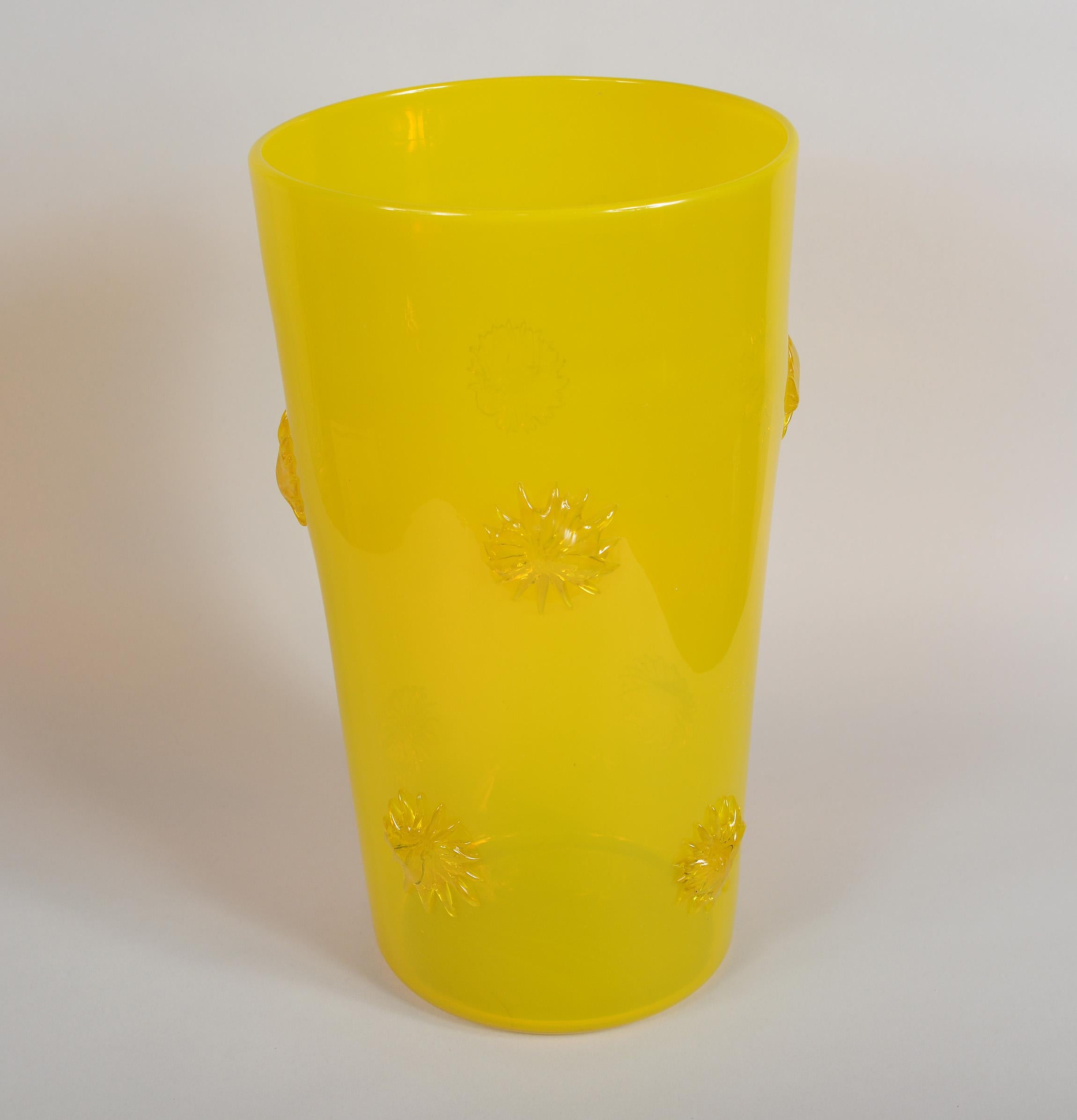 Mid-Century Modern Opalescent Yellow Empoli Italian Vase with Applied Starbursts