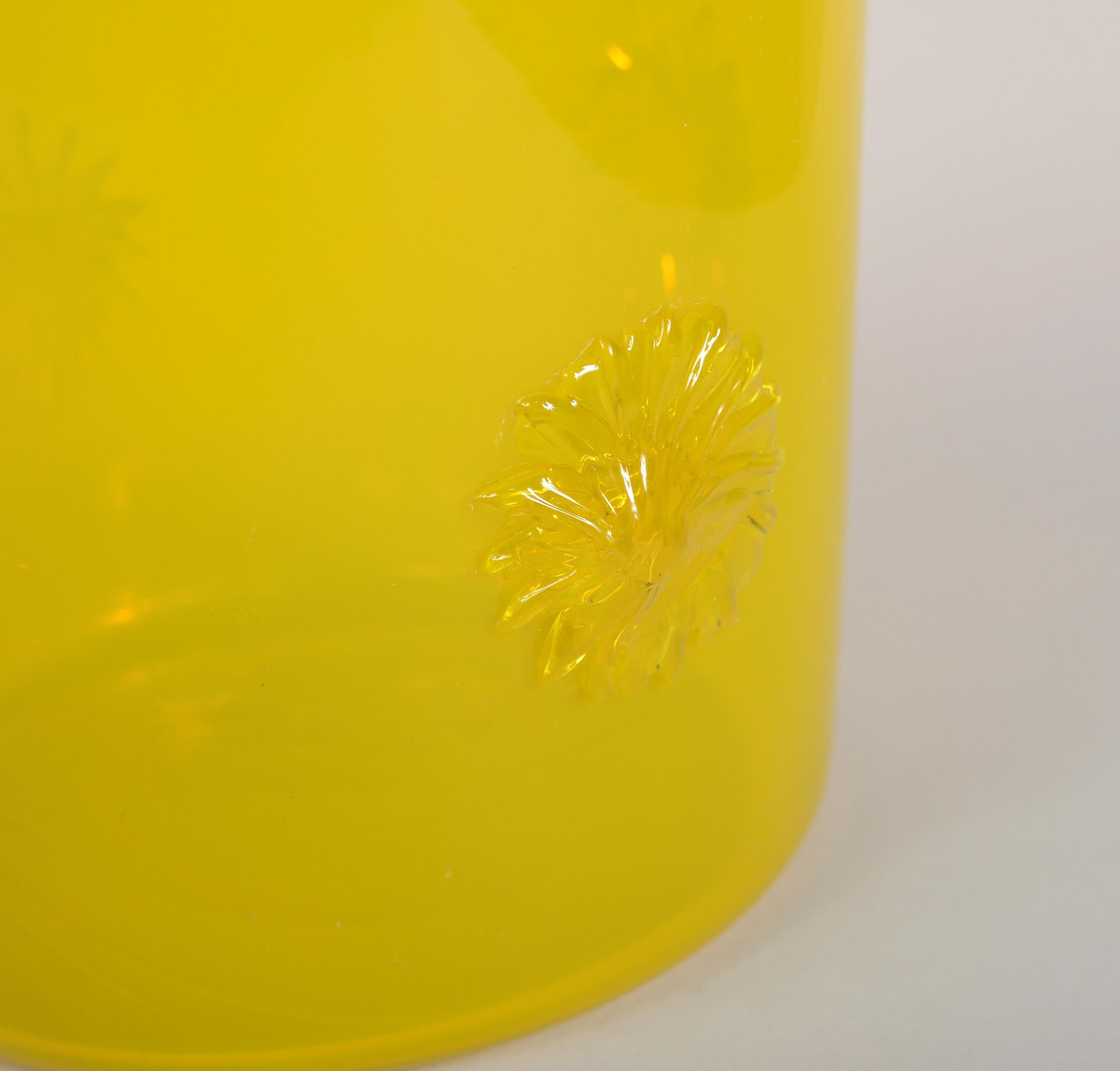 Mid-20th Century Opalescent Yellow Empoli Italian Vase with Applied Starbursts