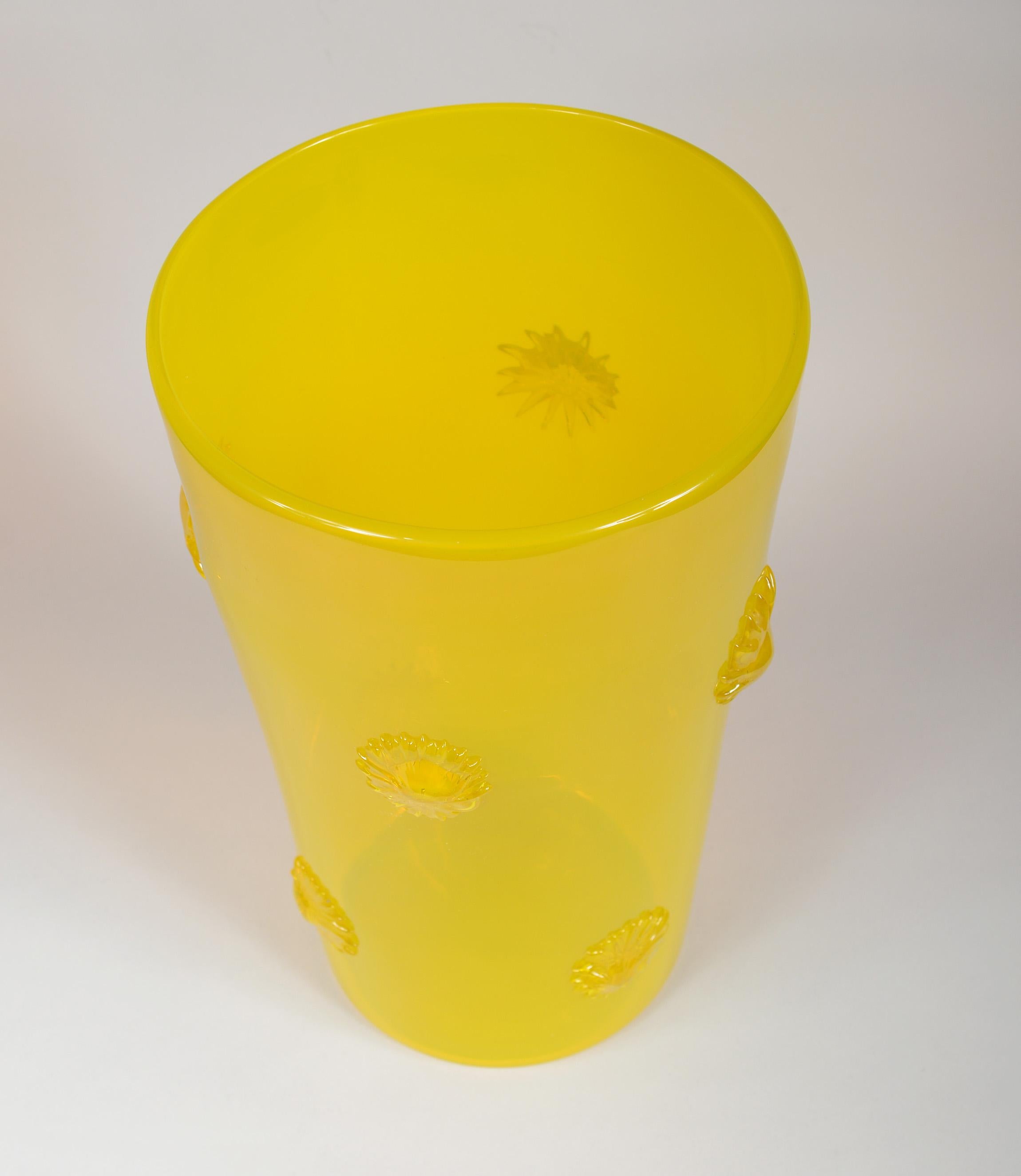 Art Glass Opalescent Yellow Empoli Italian Vase with Applied Starbursts