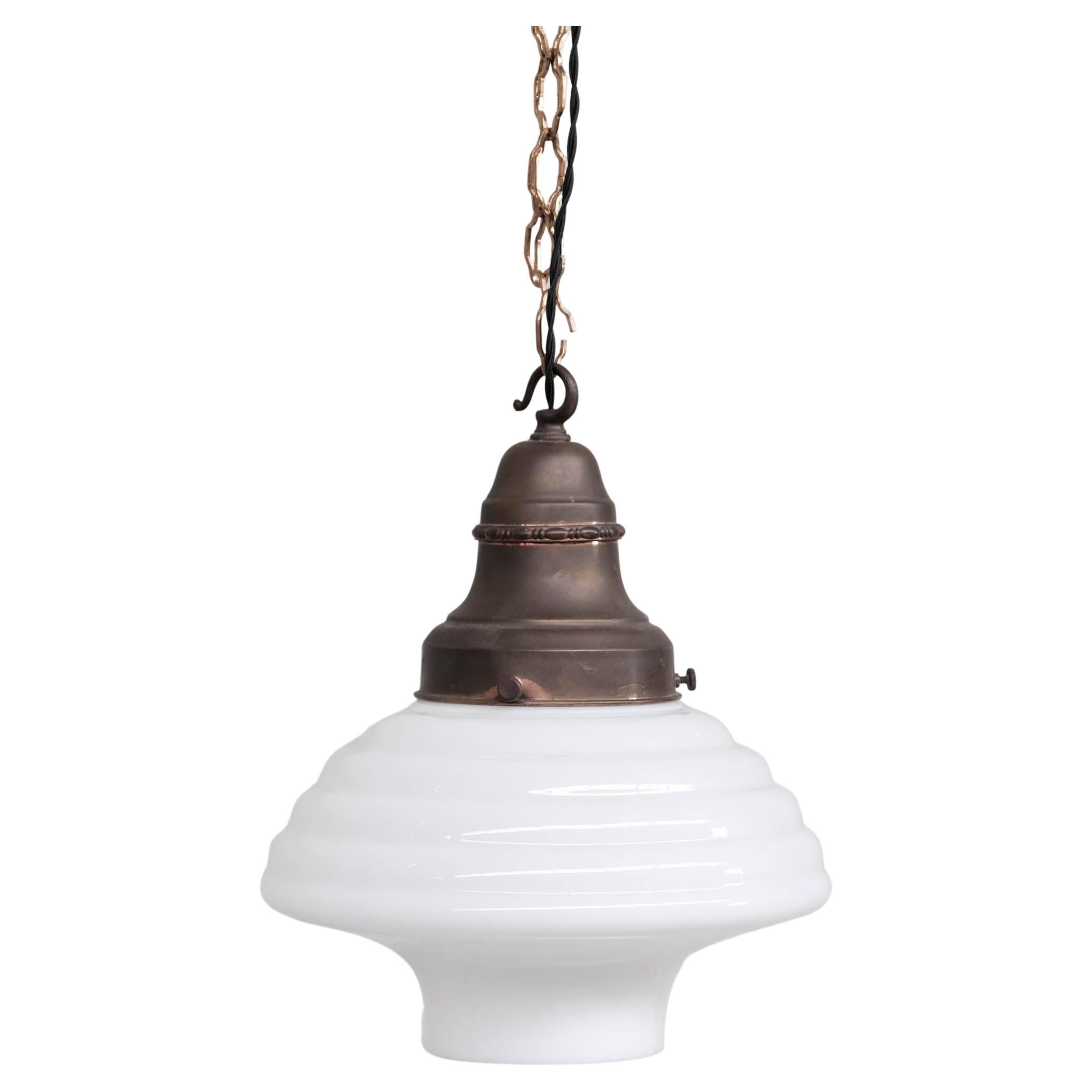 Opaline and Brass French Pendant Light For Sale