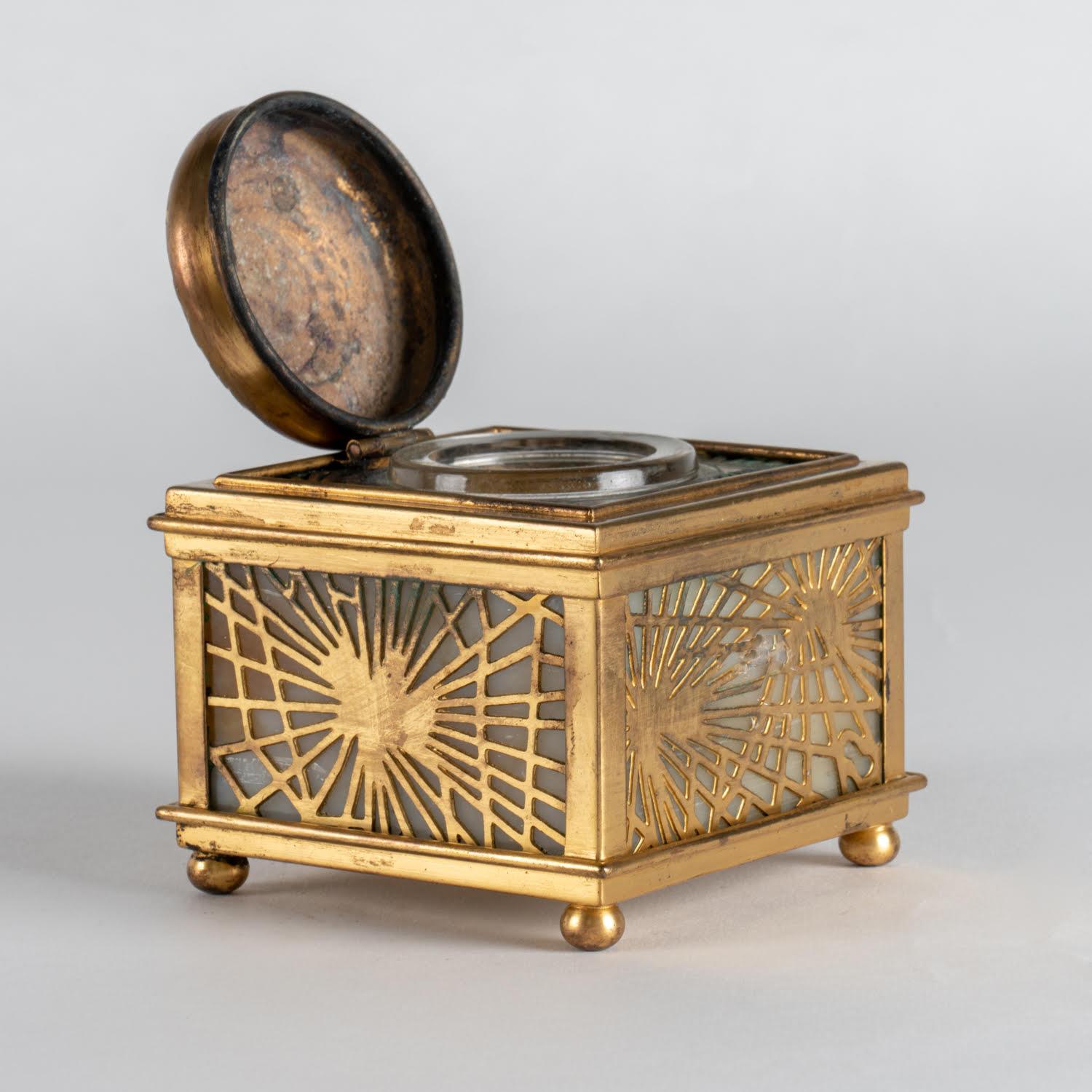 Gilt Opaline and Brass inkwell by Tiffany Studio, Early 20th Century. For Sale