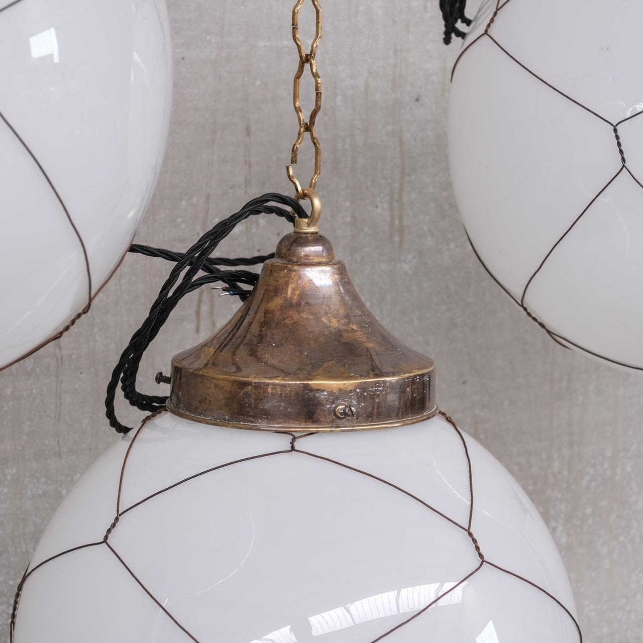 Dutch Opaline and Brass Midcentury Caged Pendants '3' For Sale