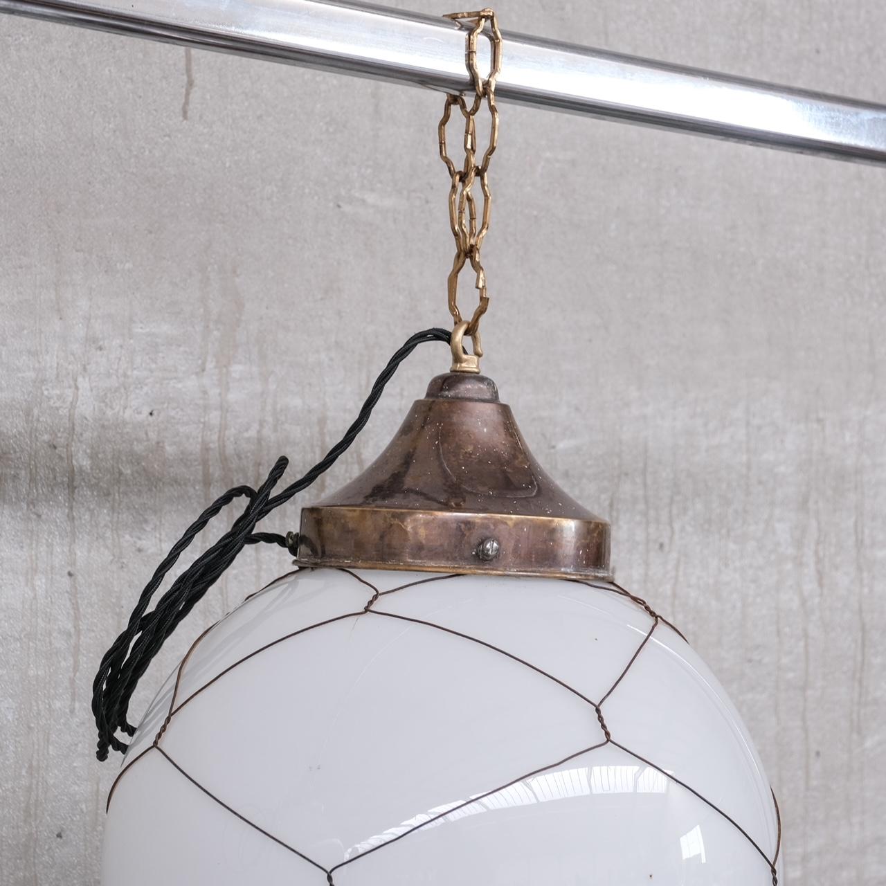 Opaline and Brass Midcentury Caged Pendants '3' In Good Condition For Sale In London, GB