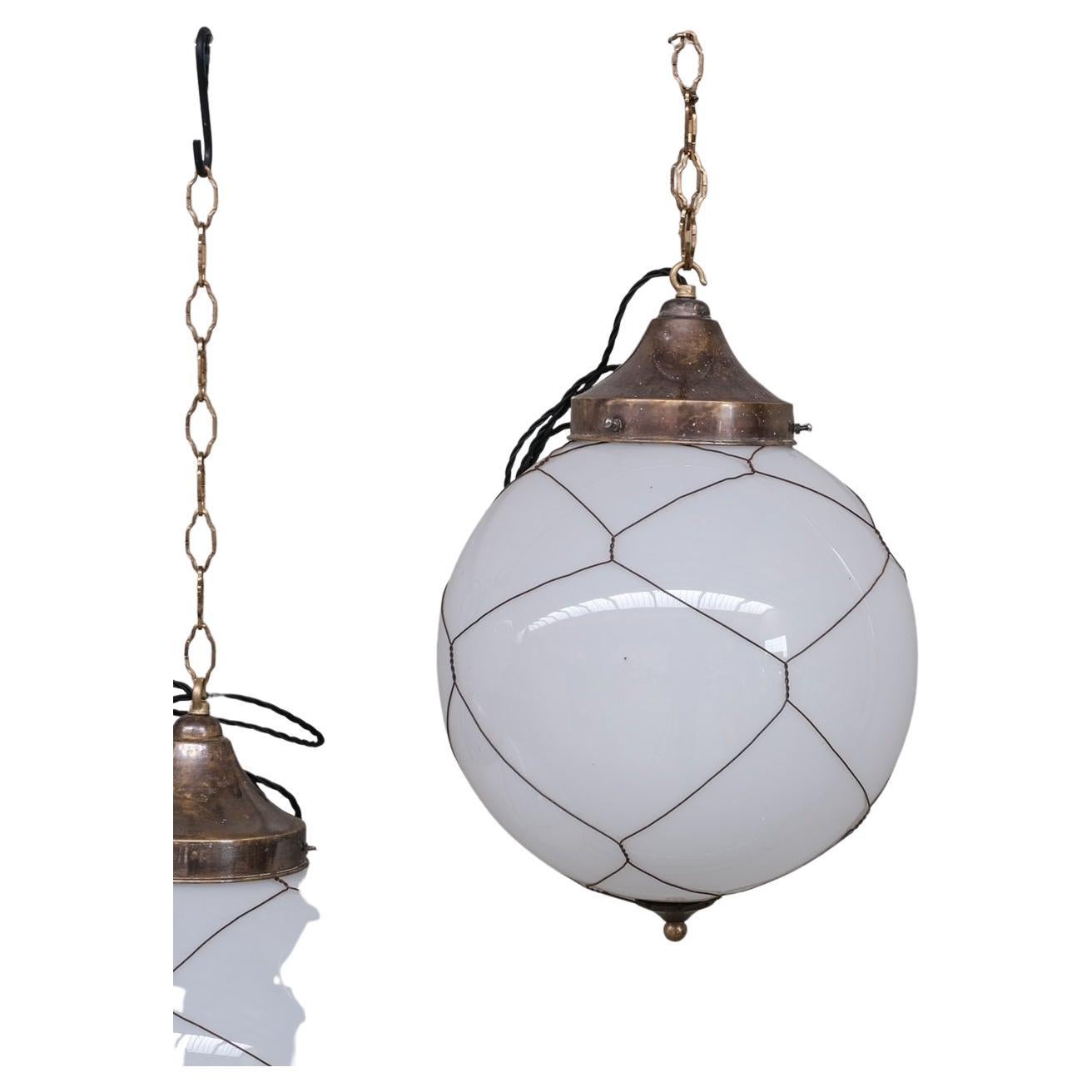 Opaline and Brass Midcentury Caged Pendants '3' For Sale