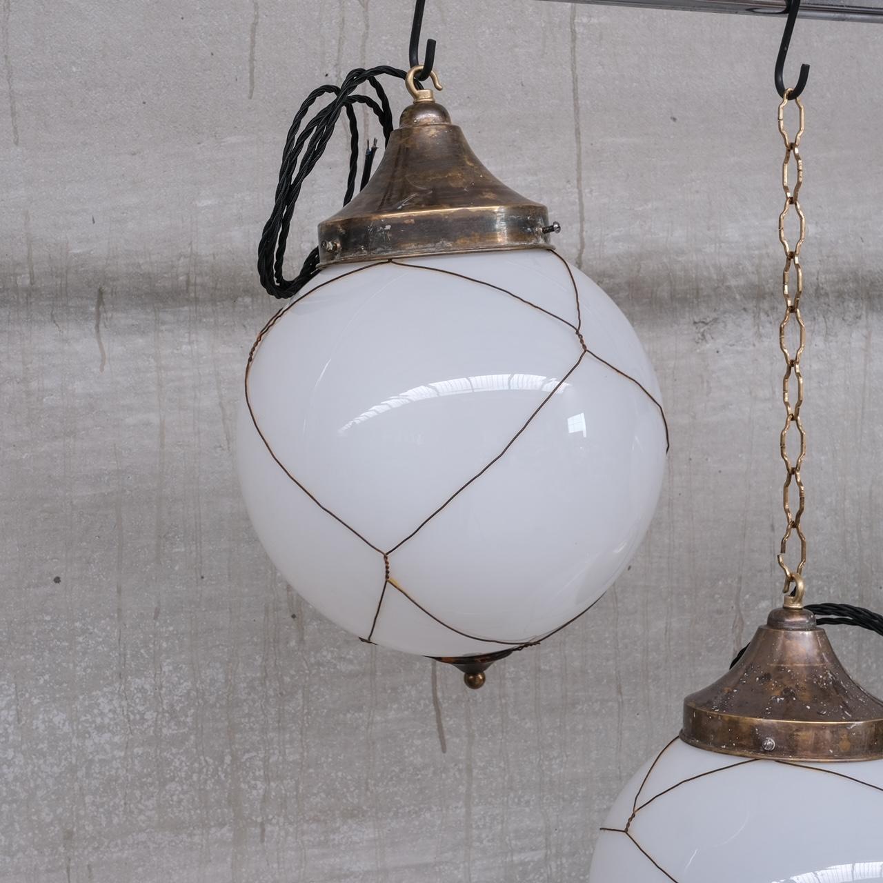 Dutch Opaline and Brass Midcentury Caged Pendants '7' For Sale