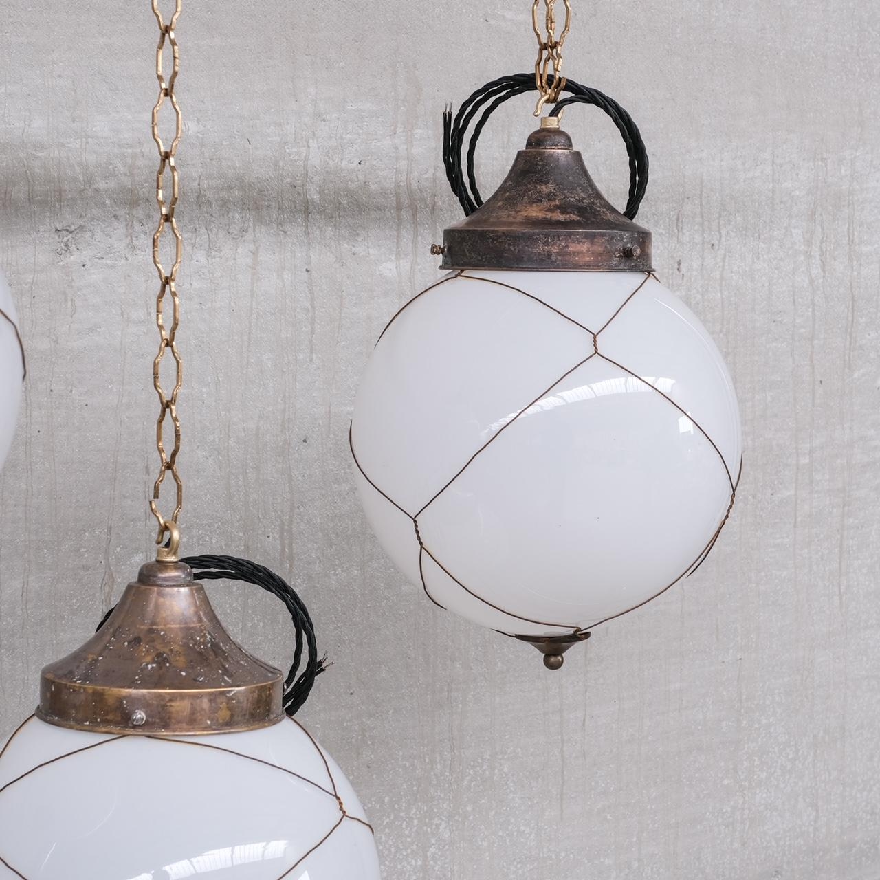 Opaline and Brass Midcentury Caged Pendants '7' In Good Condition For Sale In London, GB