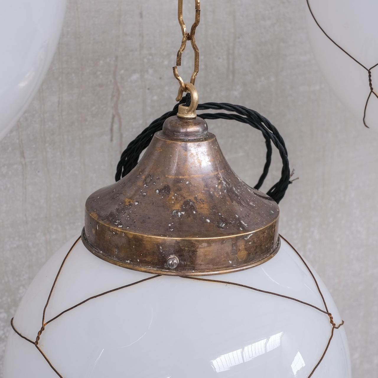 20th Century Opaline and Brass Midcentury Caged Pendants '7' For Sale