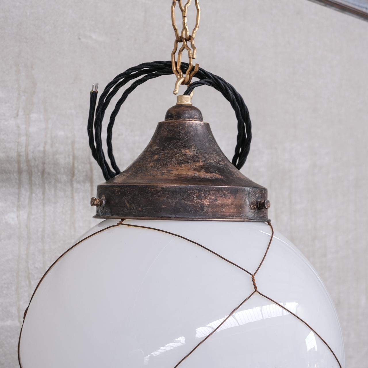 Opaline and Brass Midcentury Caged Pendants '7' For Sale 1