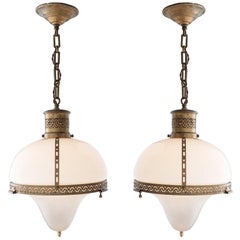 Antique Opaline and Brass Suspension Lamp, circa 1920