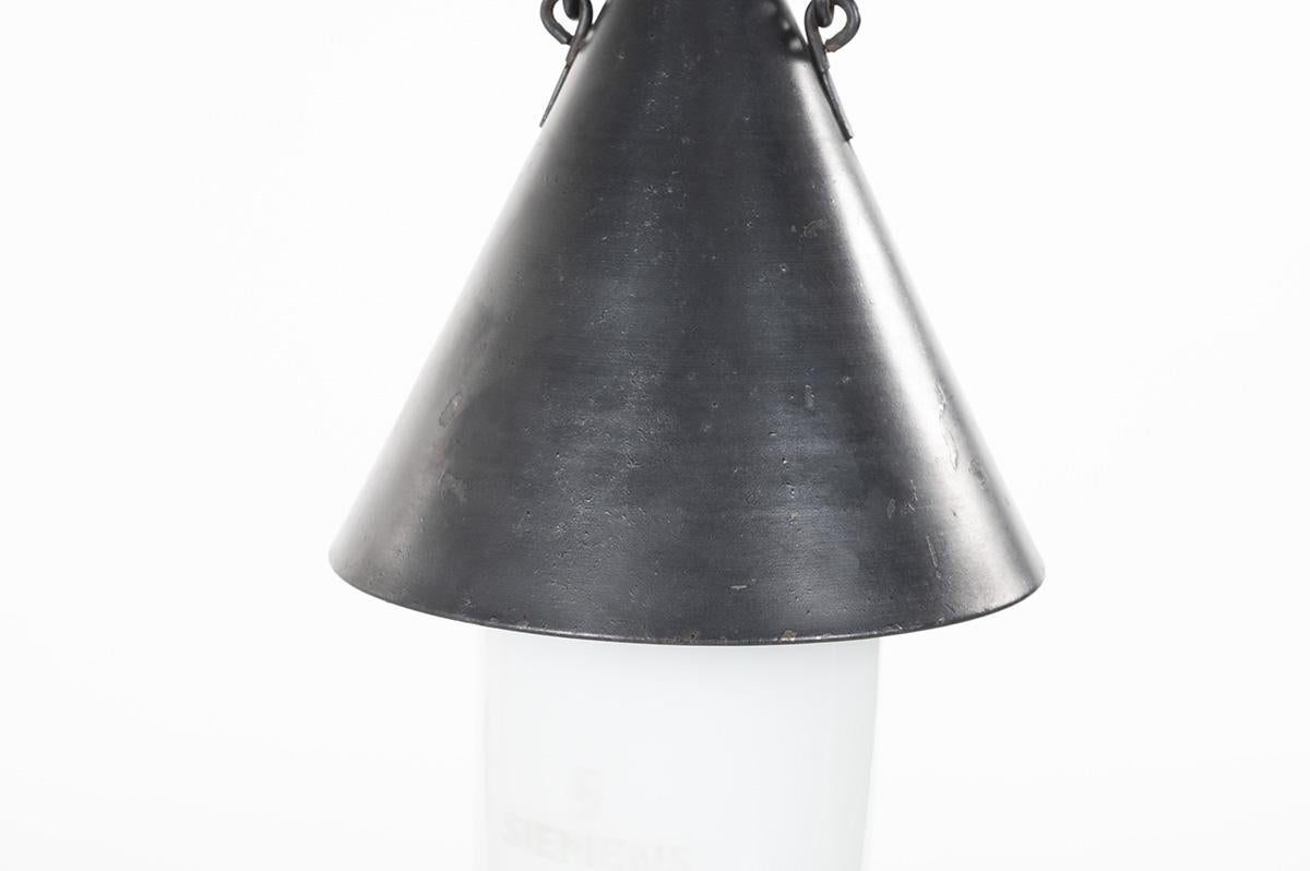 Opaline and Metal Pendant Light by Siemens, 1930 In Good Condition For Sale In JASSANS-RIOTTIER, FR