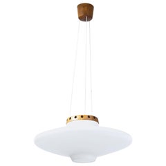 Opaline and Oak Pendant Lamp by Uno & Östen Kristiansson for Luxus, Sweden