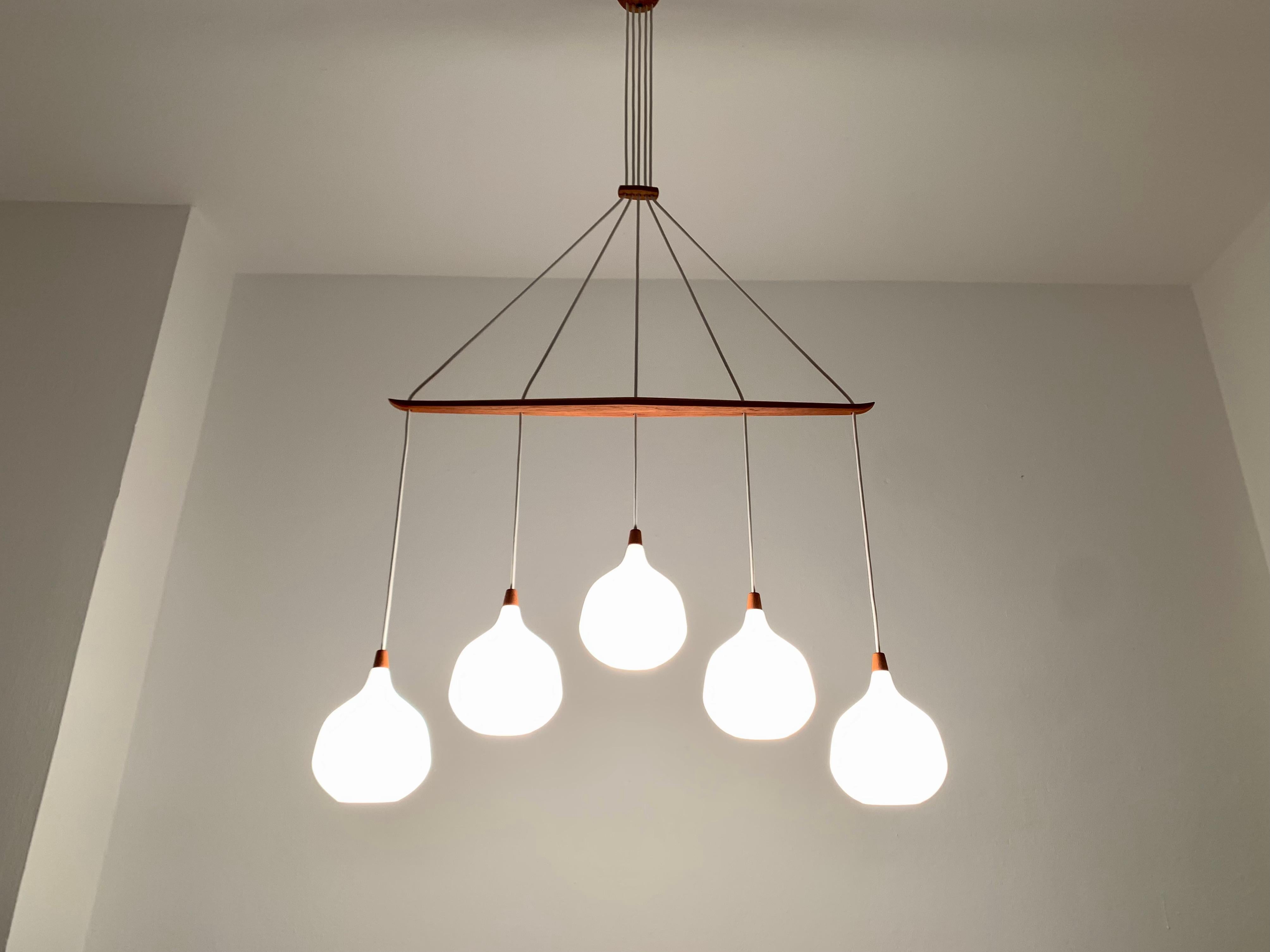 Opaline and Teak Chandelier by Uno and Östen Kristiansson for Luxus For Sale 3