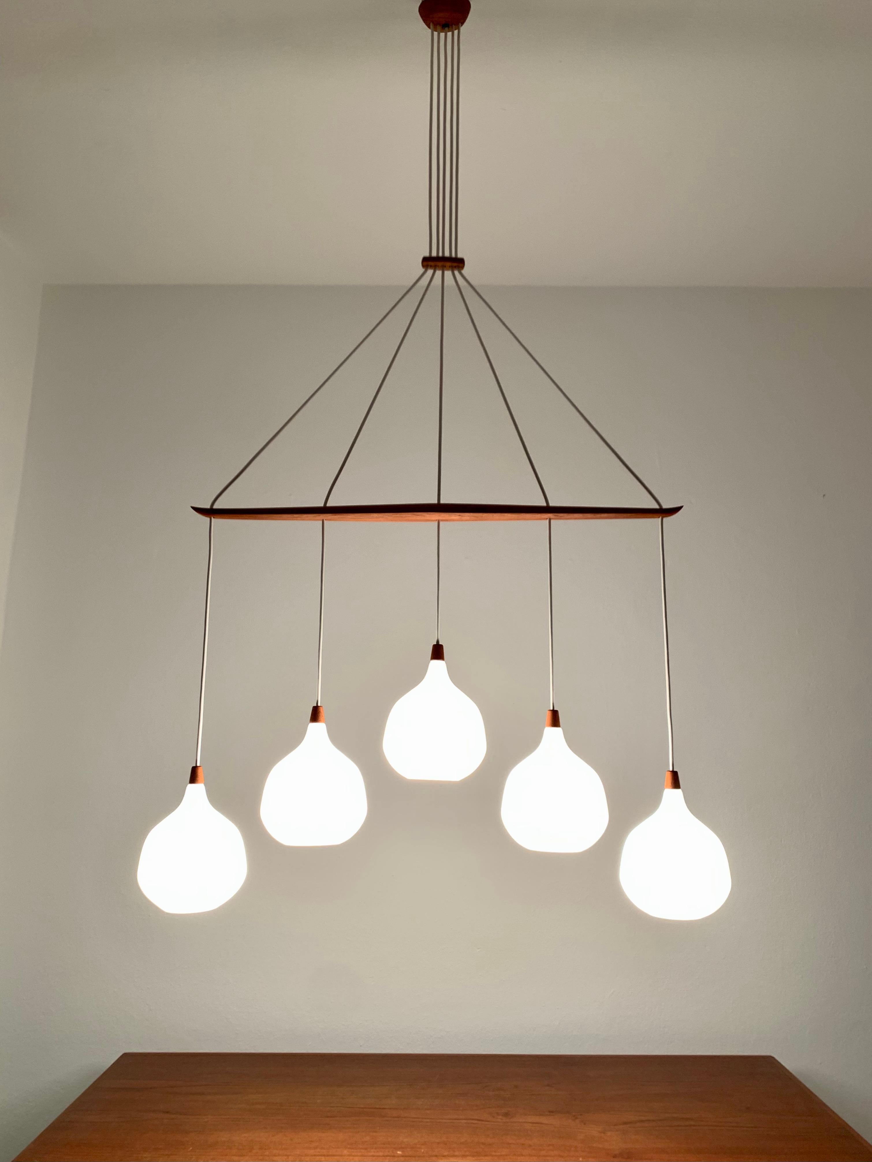 Opaline and Teak Chandelier by Uno and Östen Kristiansson for Luxus For Sale 4