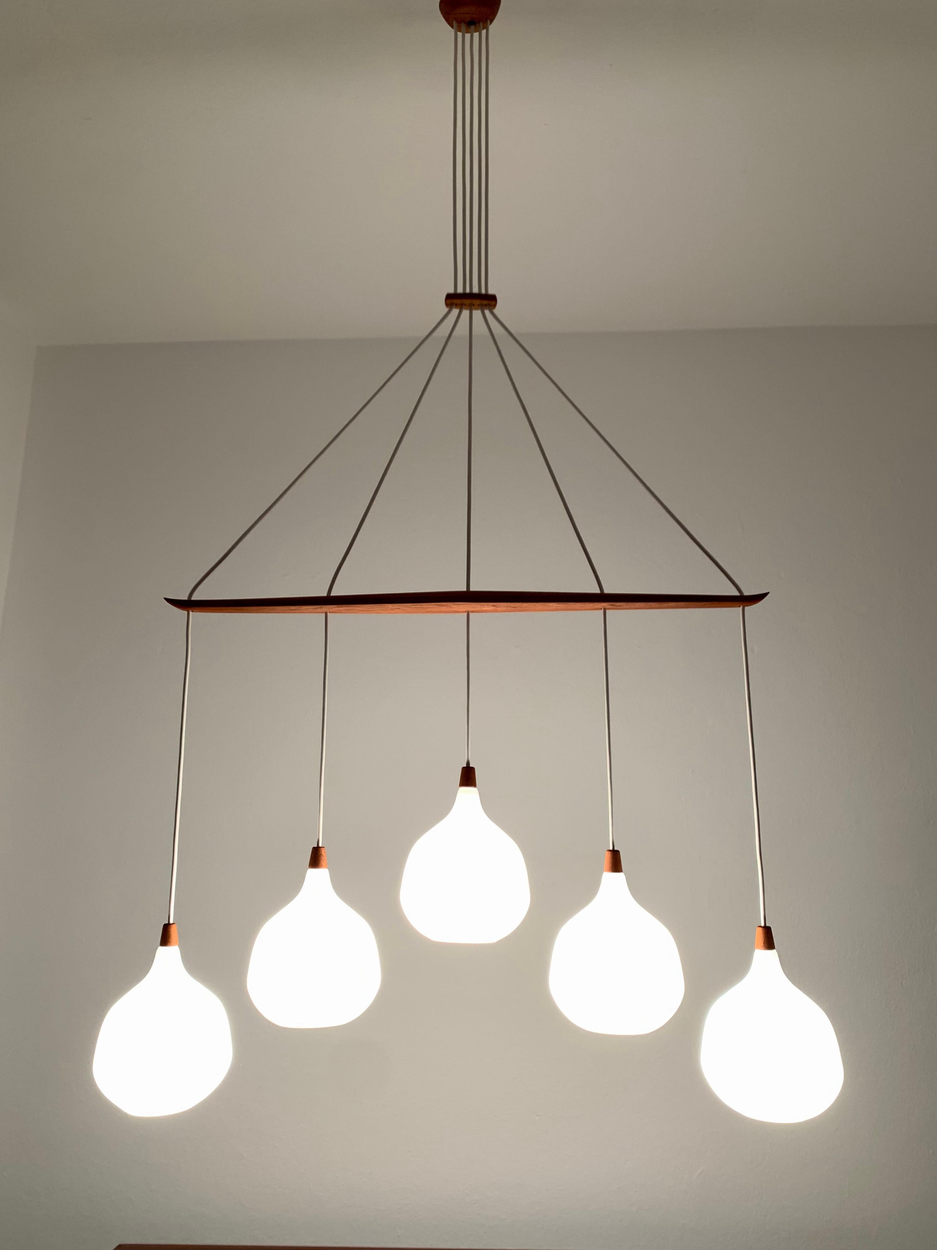 Opaline and Teak Chandelier by Uno and Östen Kristiansson for Luxus For Sale 5