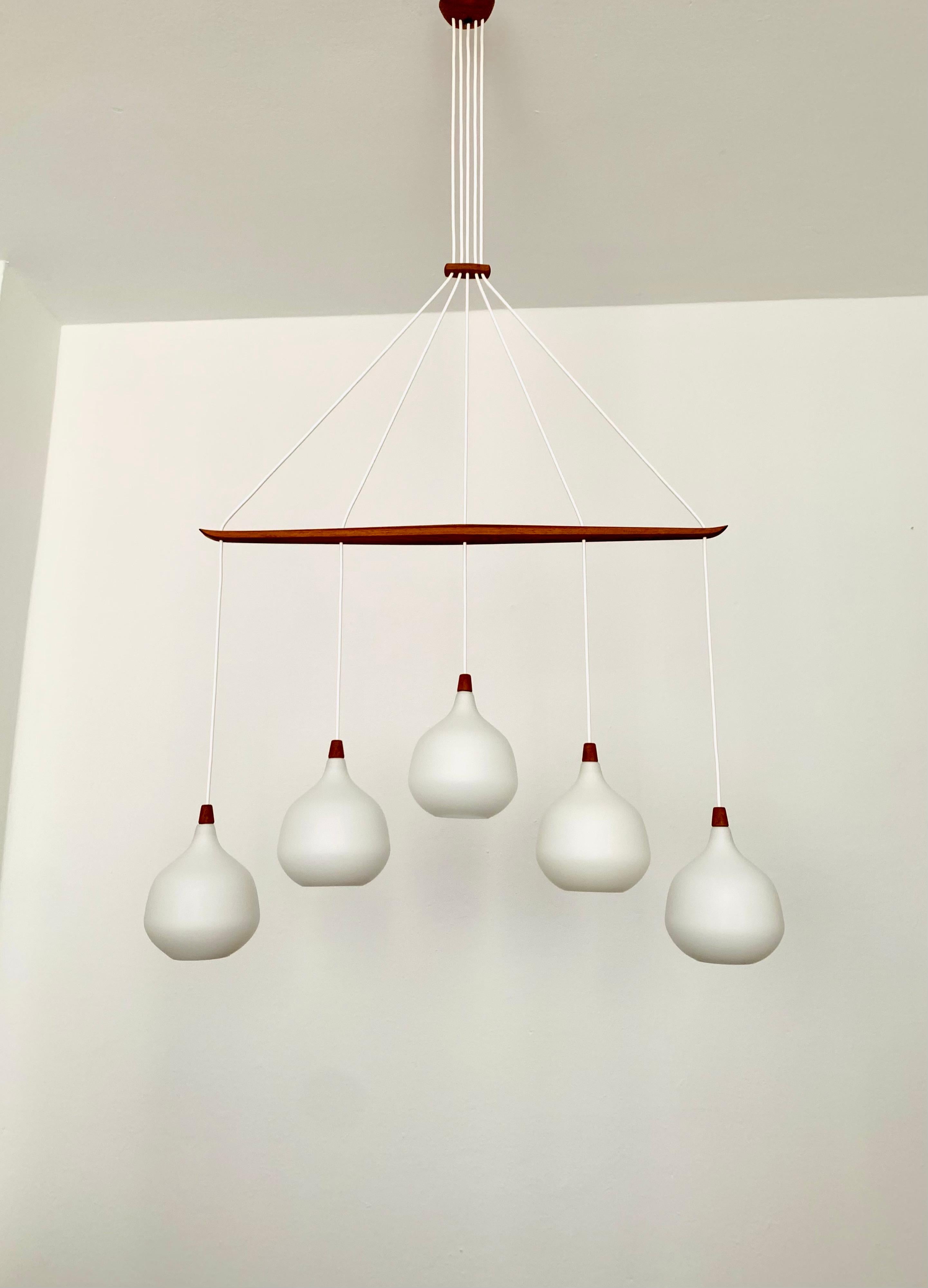 Opaline Glass Opaline and Teak Chandelier by Uno and Östen Kristiansson for Luxus For Sale