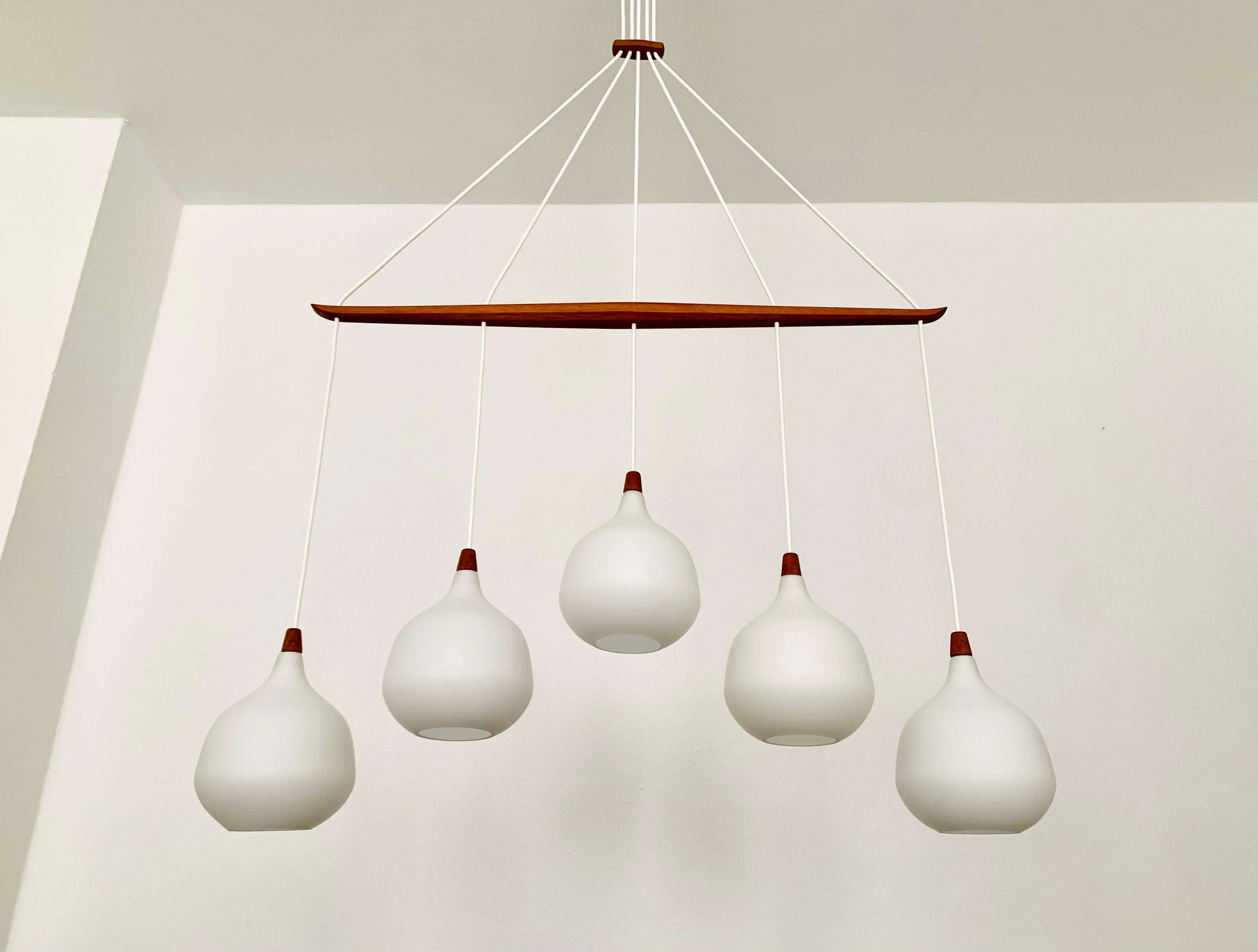 Opaline and Teak Chandelier by Uno and Östen Kristiansson for Luxus For Sale 1