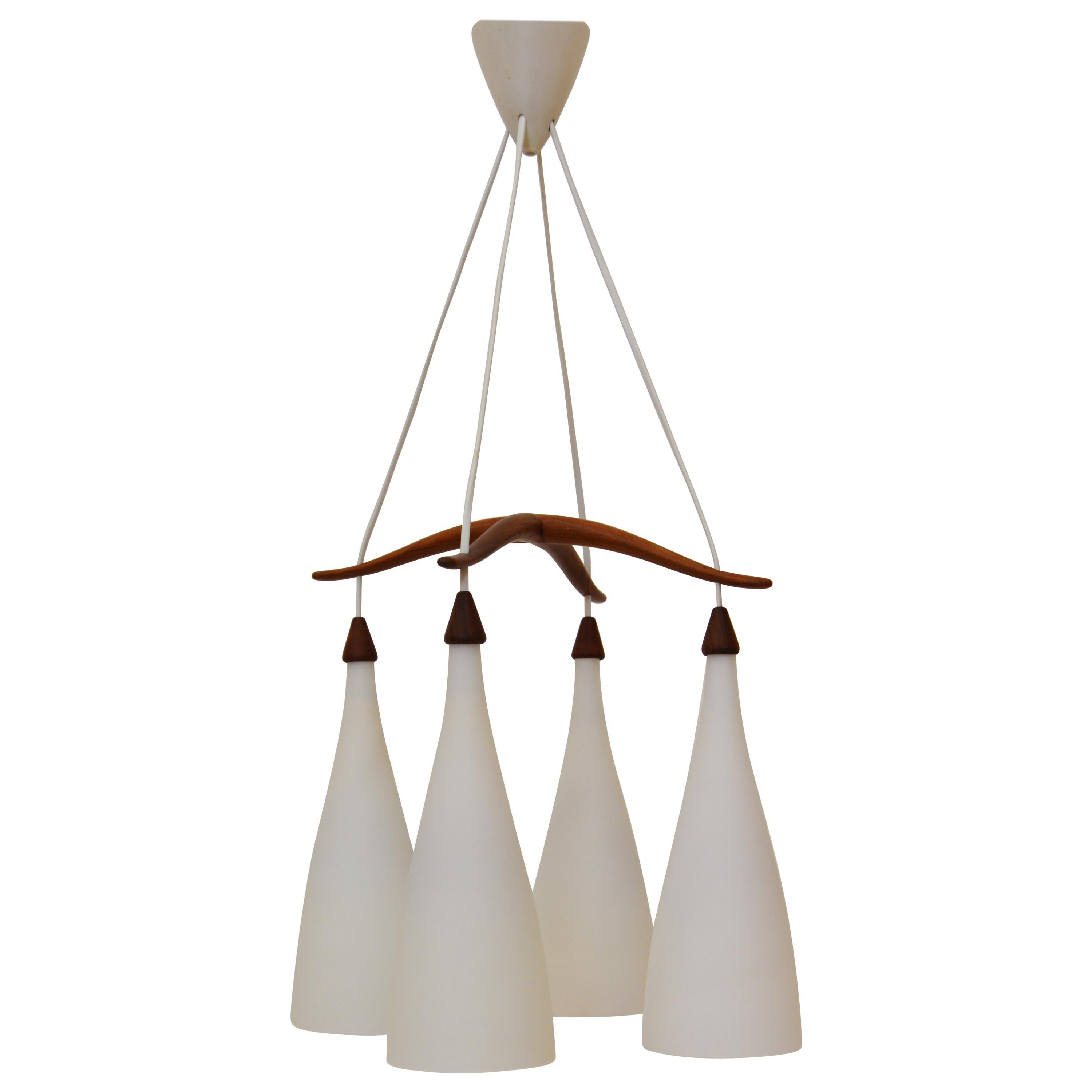 Opaline and Teak Chandelier by Uno and Östen Kristiansson for Luxus