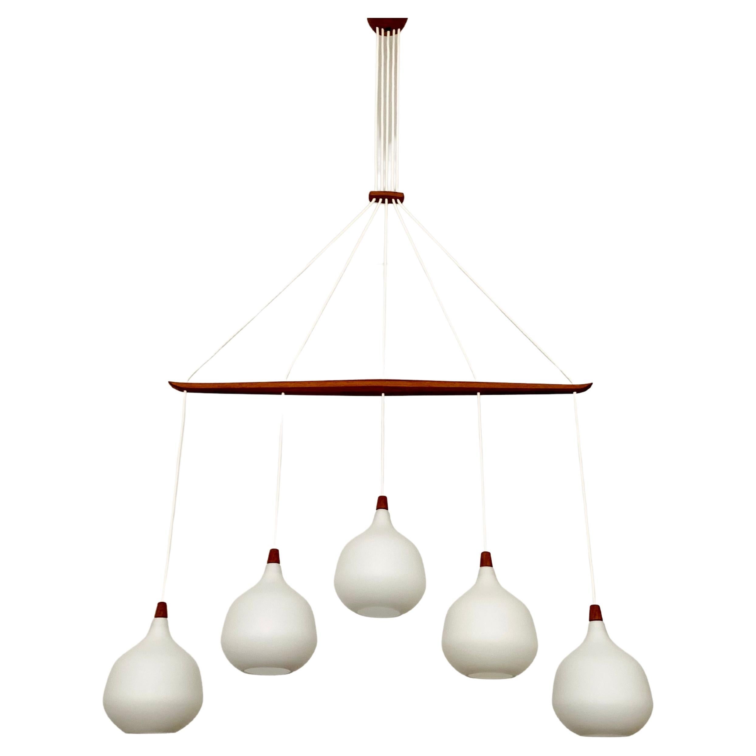 Opaline and Teak Chandelier by Uno and Östen Kristiansson for Luxus For Sale