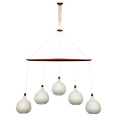 Vintage Opaline and Teak Chandelier by Uno and Östen Kristiansson for Luxus