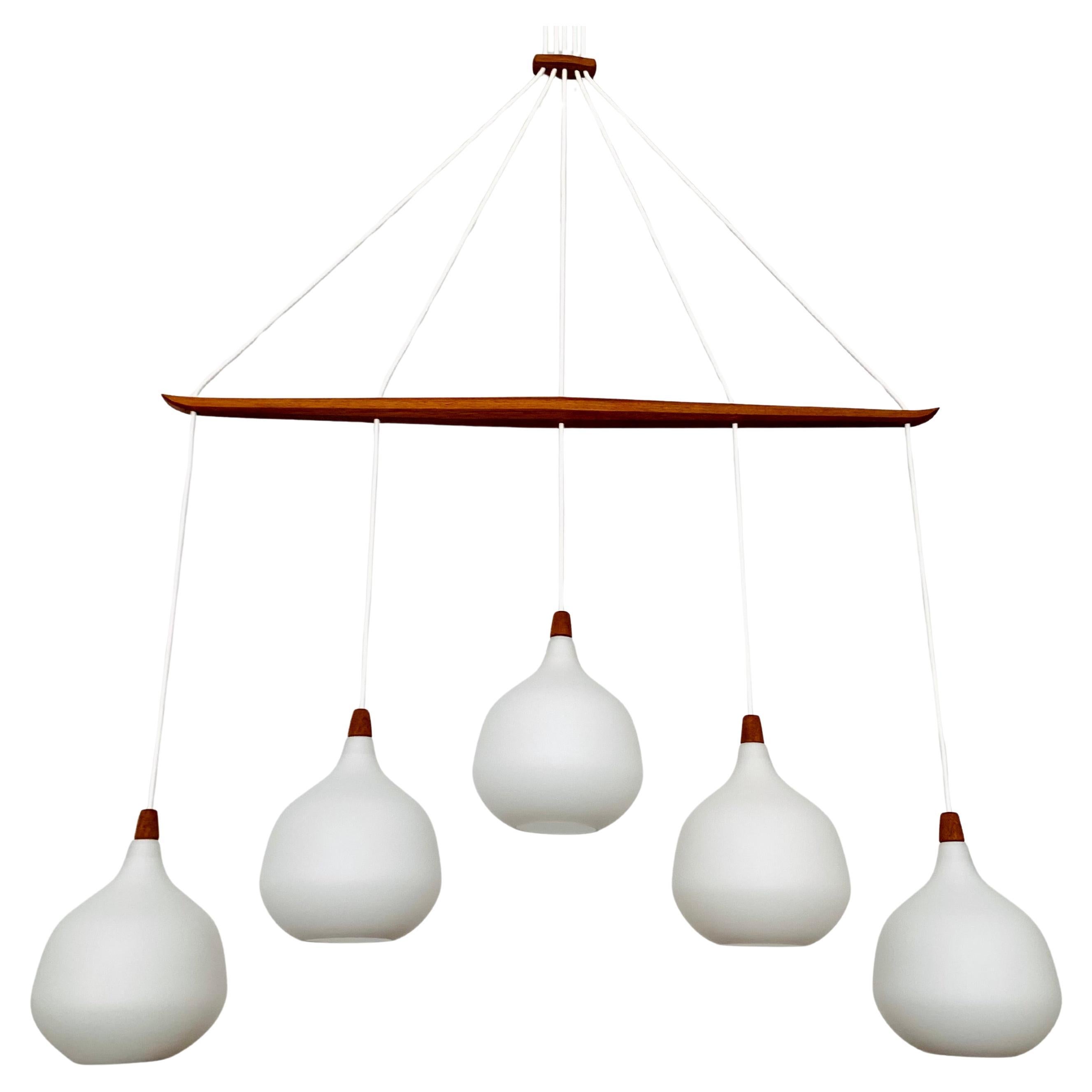 Opaline and Teak Chandelier by Uno and Östen Kristiansson for Luxus For Sale