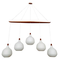 Opaline and Teak Chandelier by Uno and Östen Kristiansson for Luxus