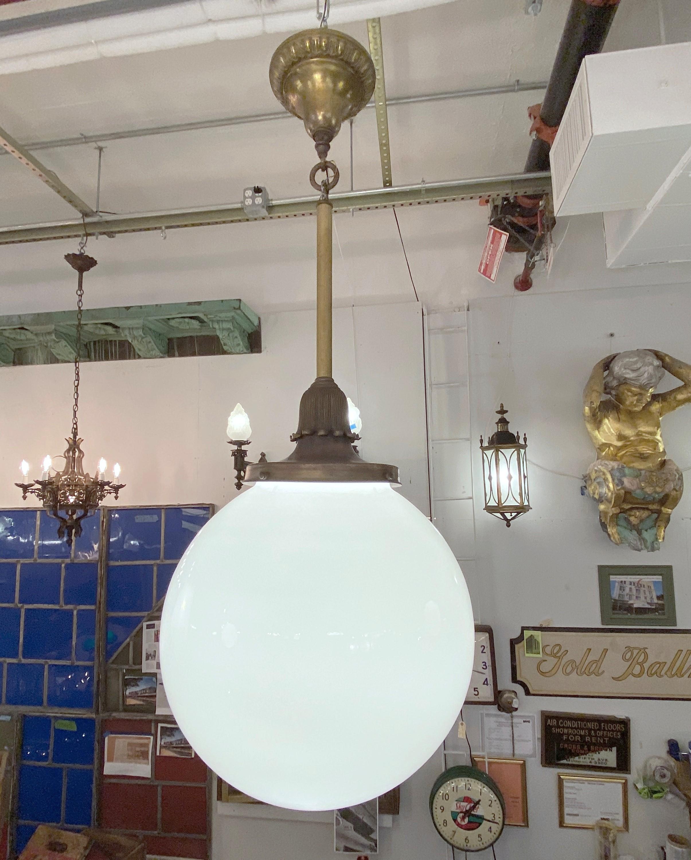 American Opaline Ball Globe Ornate Brass & Bronze Pendant Light For Sale