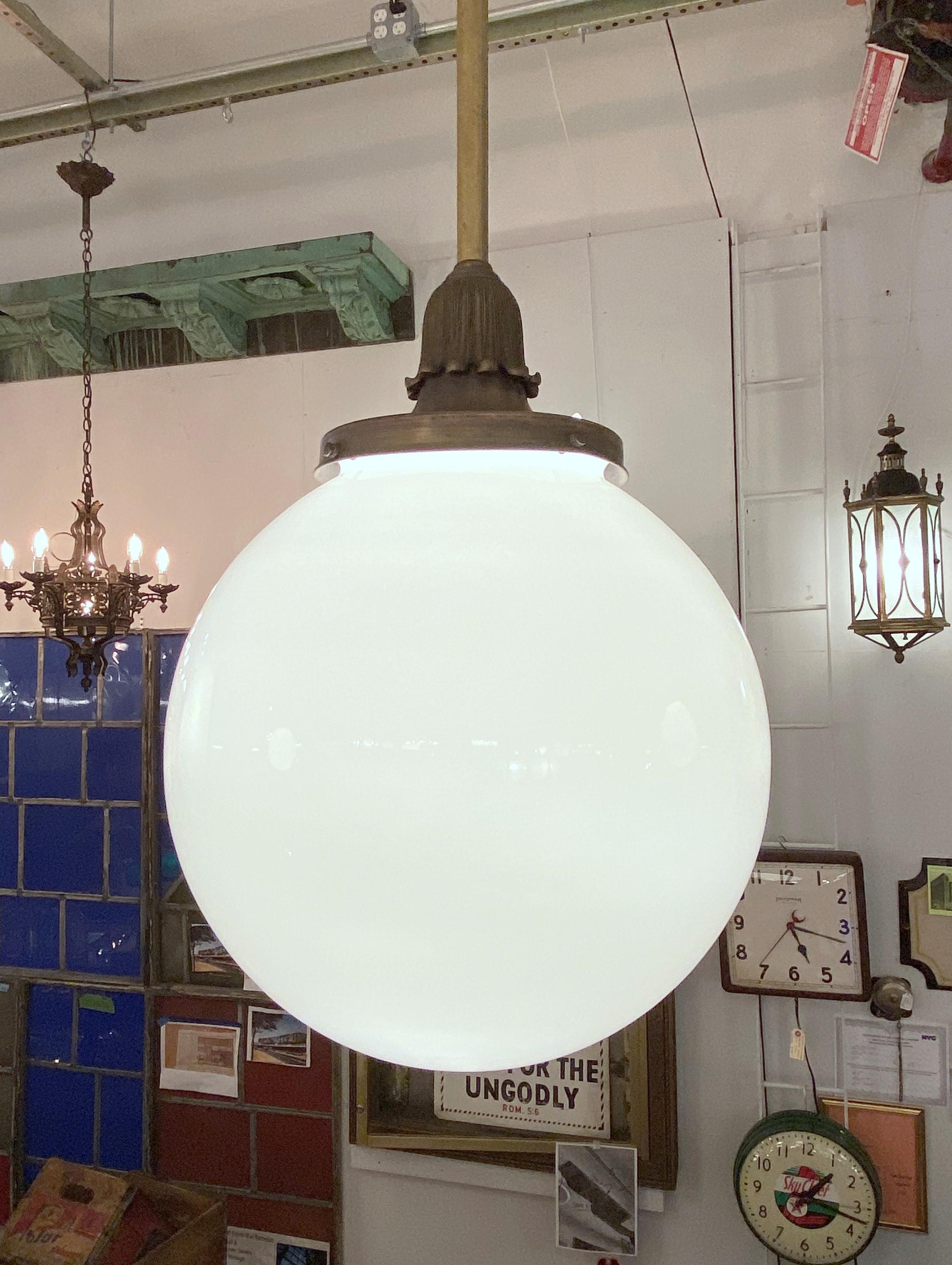 Opaline Ball Globe Ornate Brass & Bronze Pendant Light In Good Condition For Sale In New York, NY