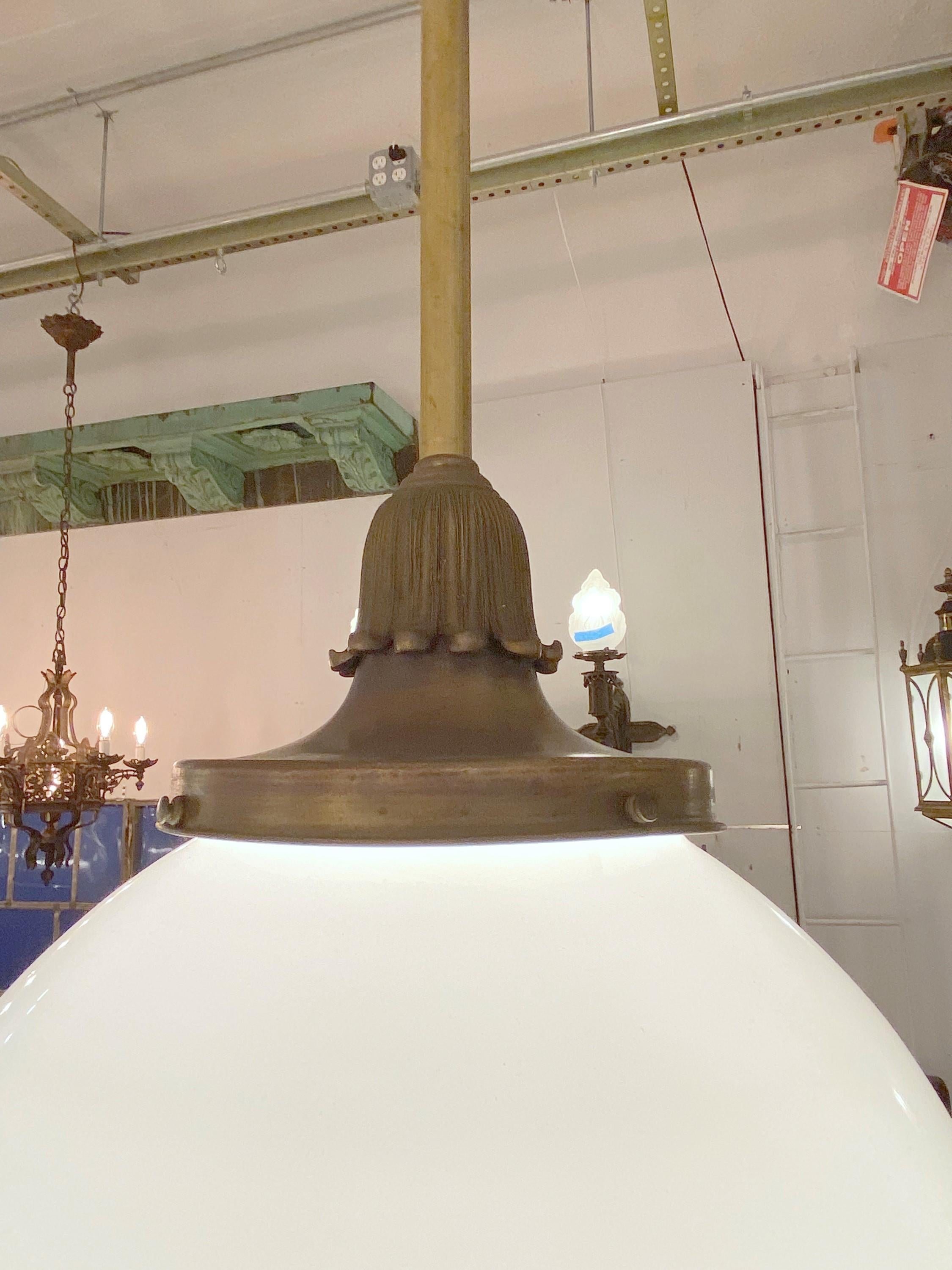 20th Century Opaline Ball Globe Ornate Brass & Bronze Pendant Light For Sale