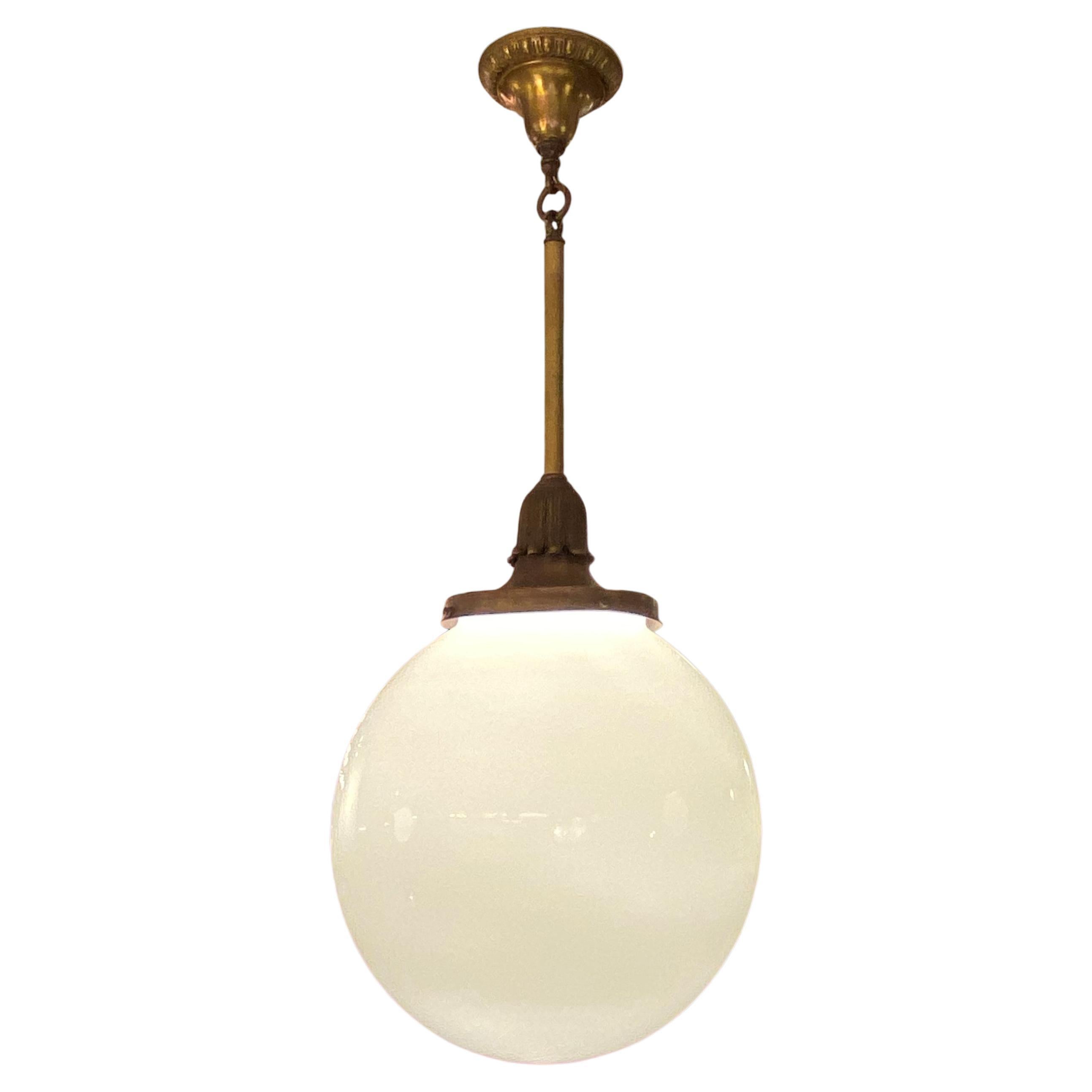 Opaline Ball Globe Ornate Brass & Bronze Pendant Light For Sale
