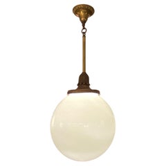 Antique Opaline Ball Globe Ornate Brass & Bronze Pendant Light