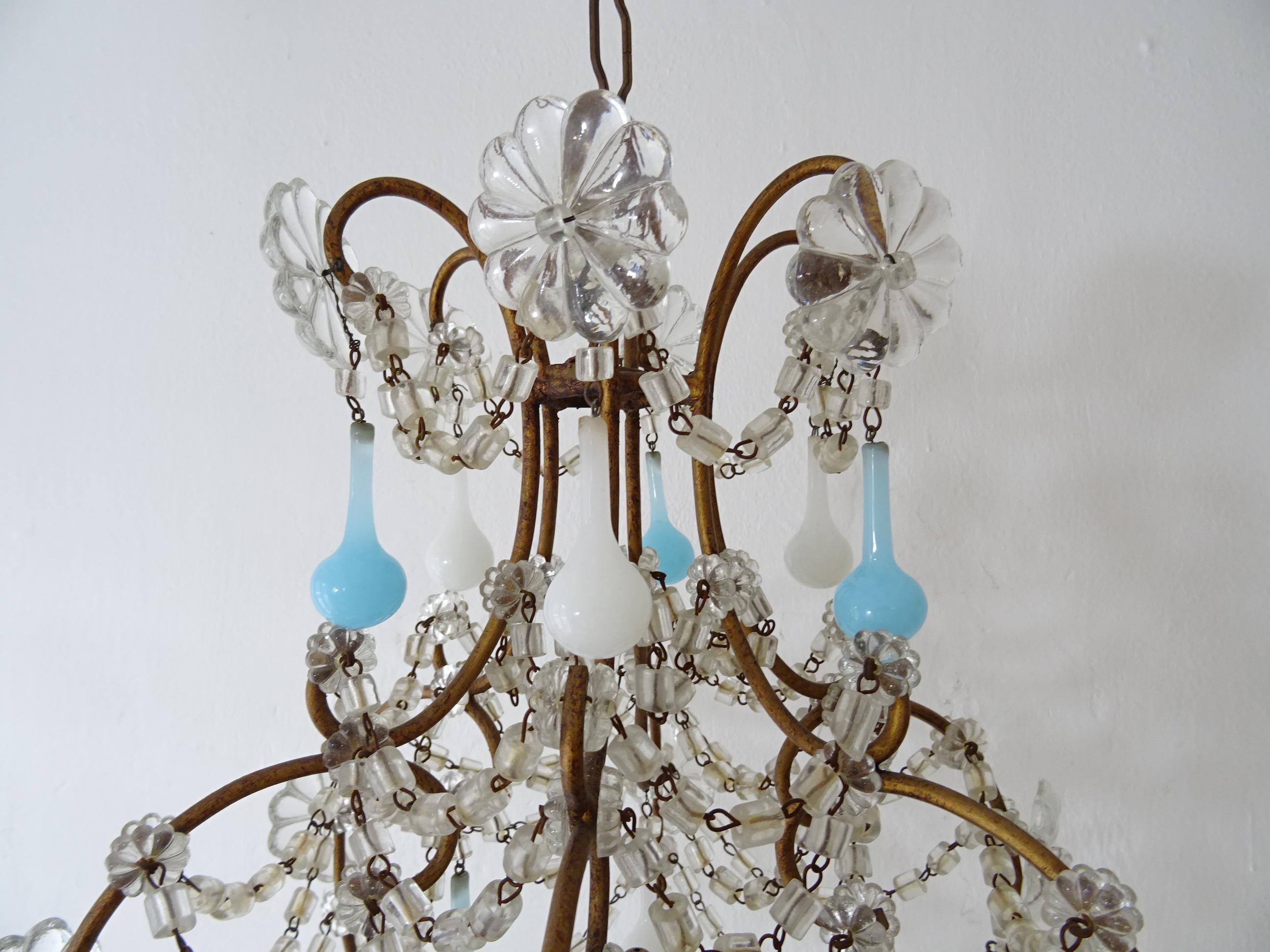 Baroque Opaline Blue and White Murano Drops Crystal Swags Chandelier, circa 1920