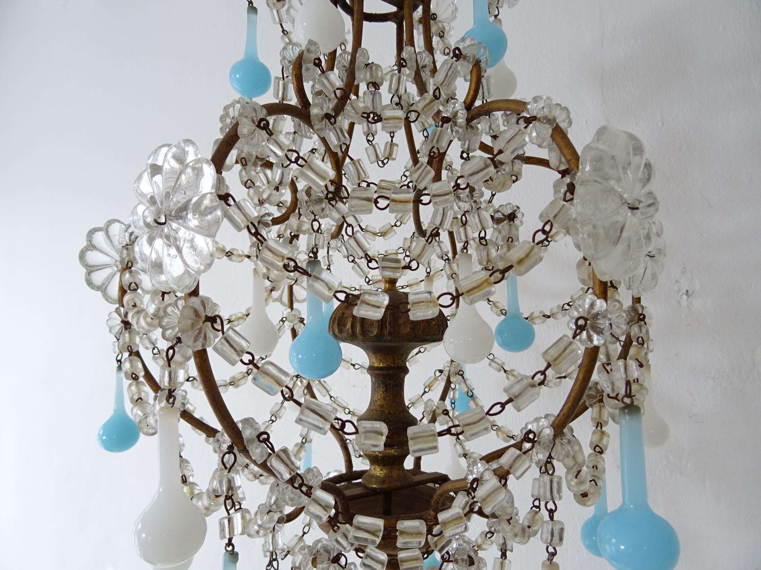 French Opaline Blue and White Murano Drops Crystal Swags Chandelier, circa 1920