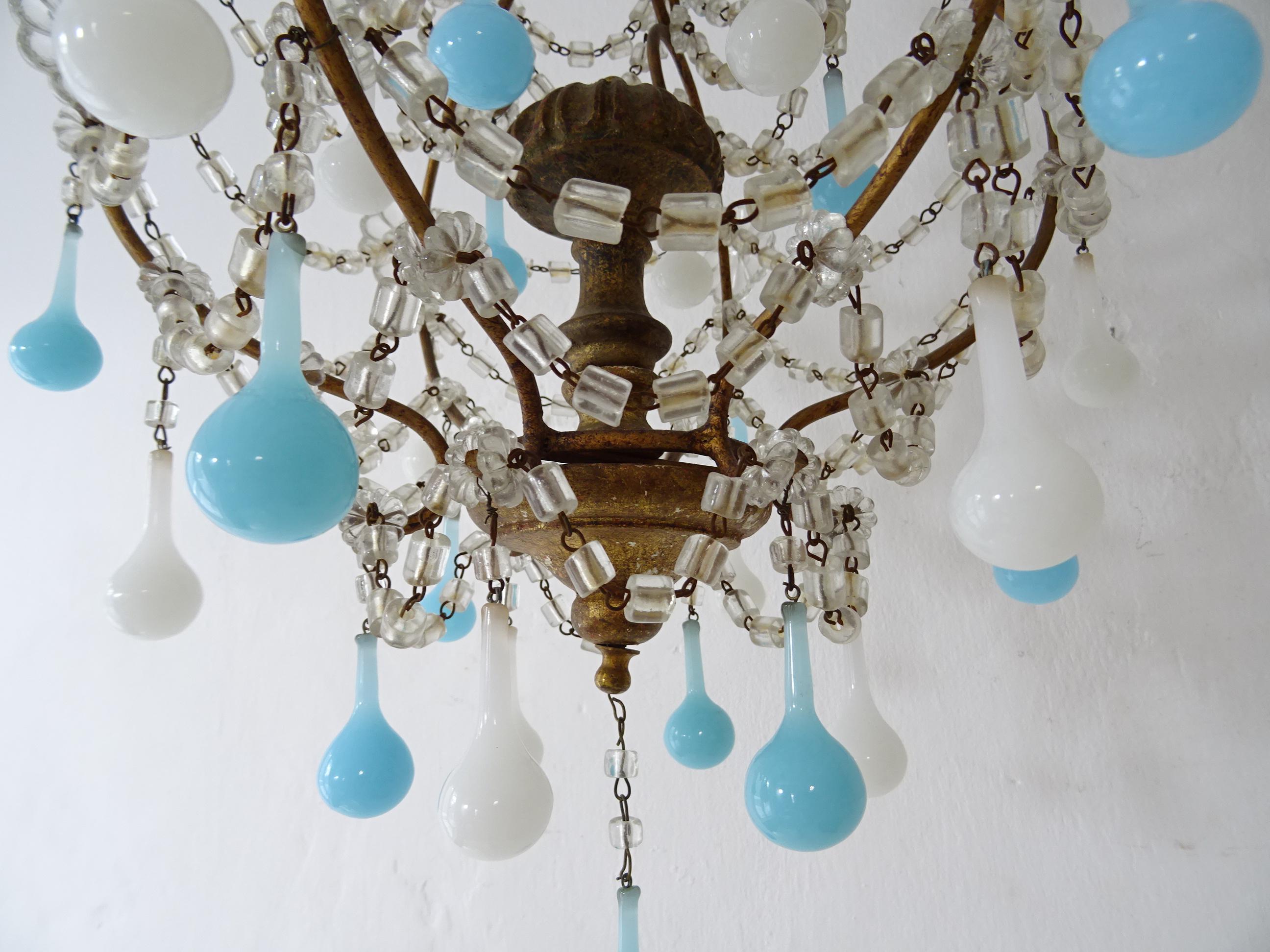 Opaline Blue and White Murano Drops Crystal Swags Chandelier, circa 1920 In Good Condition In Firenze, Toscana