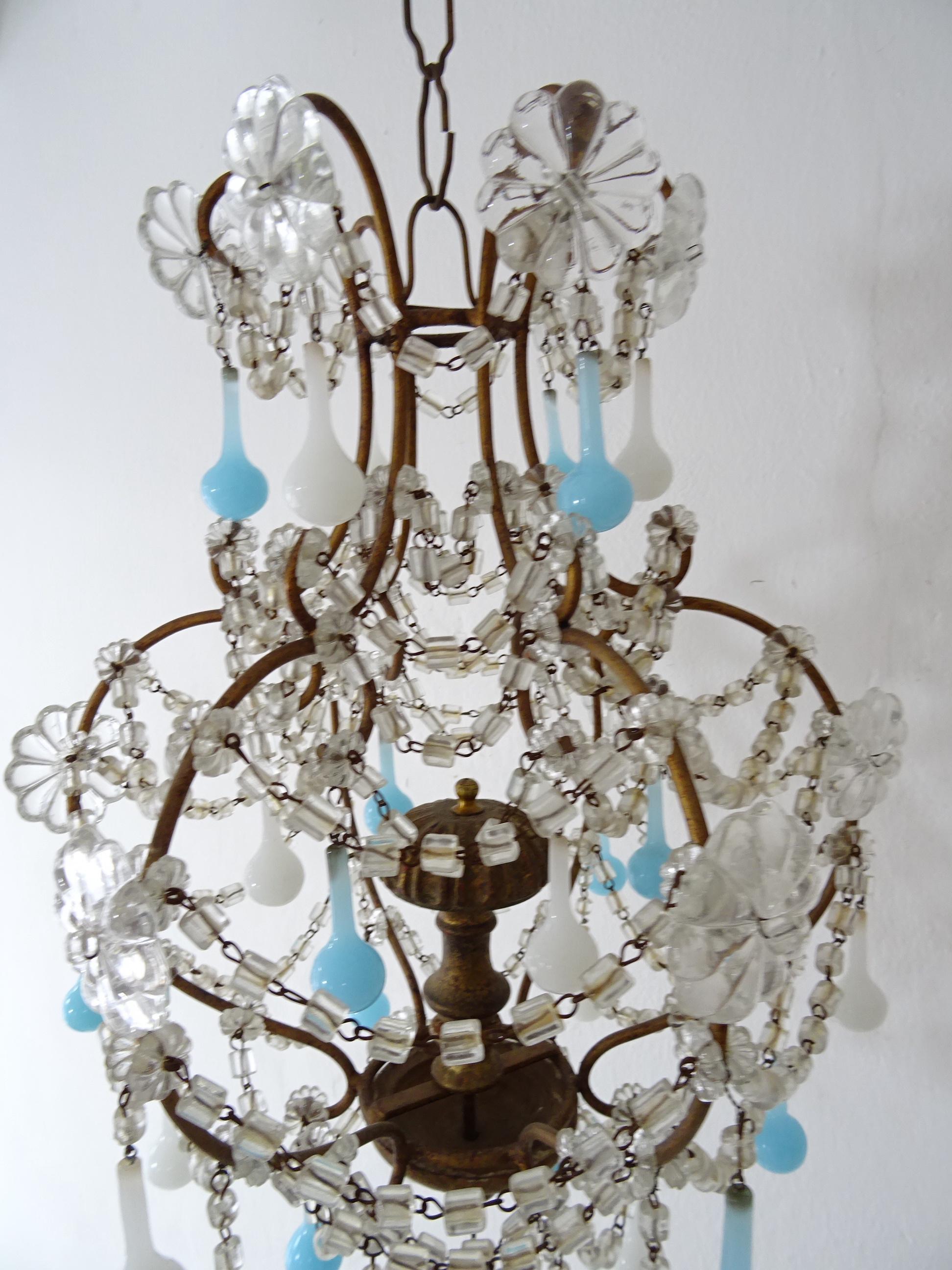 Early 20th Century Opaline Blue and White Murano Drops Crystal Swags Chandelier, circa 1920