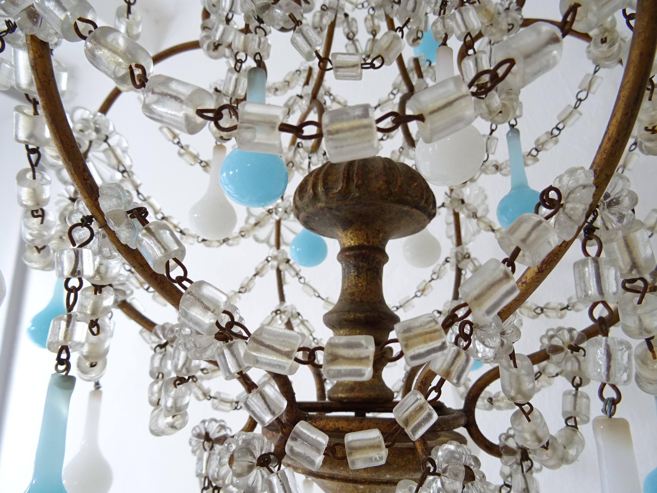 Murano Glass Opaline Blue and White Murano Drops Crystal Swags Chandelier, circa 1920