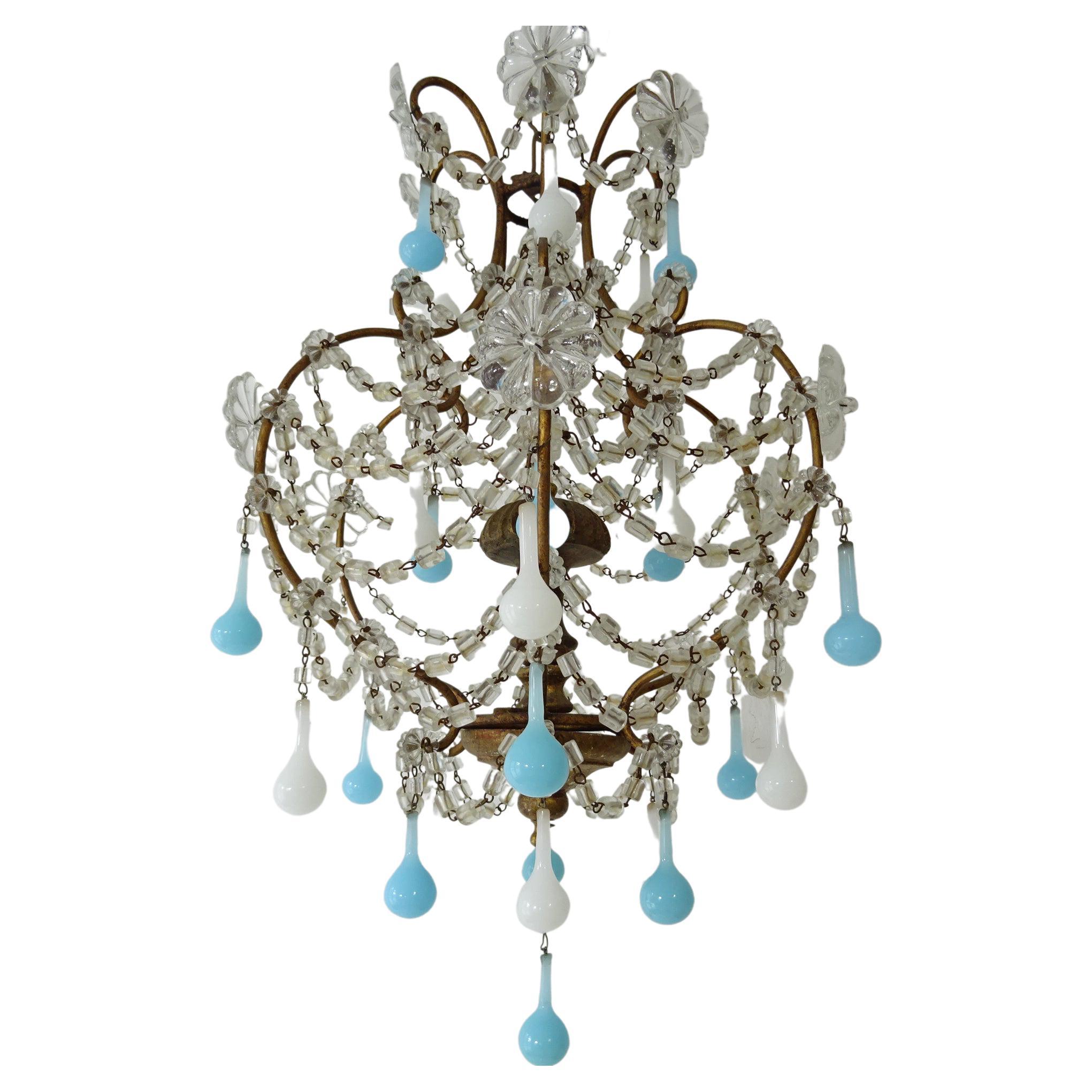 Vintage SWAG Blue aqua opaline beads Brass hanging lamp chandelier crystal prism 