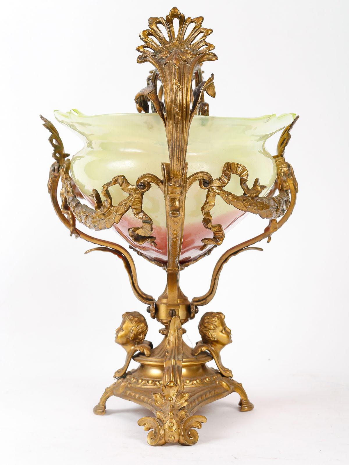 Bronze Opaline Bowl with Gilt bronze Mounting, 19th Century, Napoleon III Period. For Sale