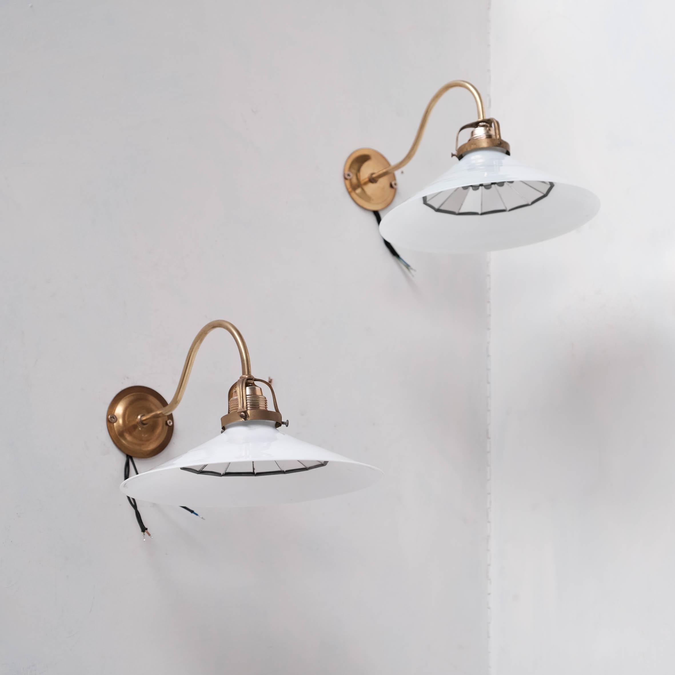 Dutch Opaline, Brass and Reflective Glass Wall Lights '18 Available' For Sale
