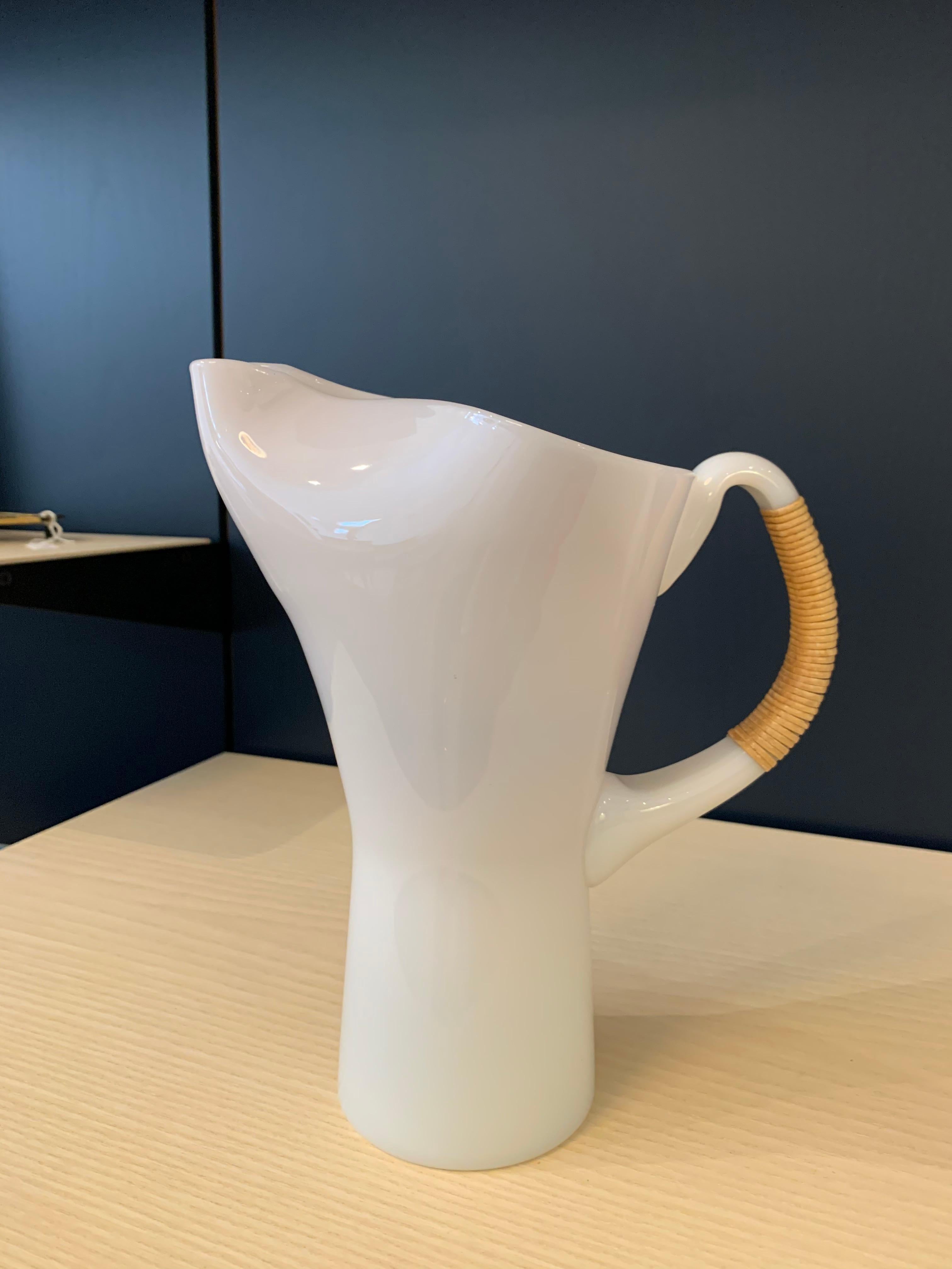 Opaline & Cane Glass Pitcher by Jacob Eiler Bang, 1957, Kastrup For Sale 1