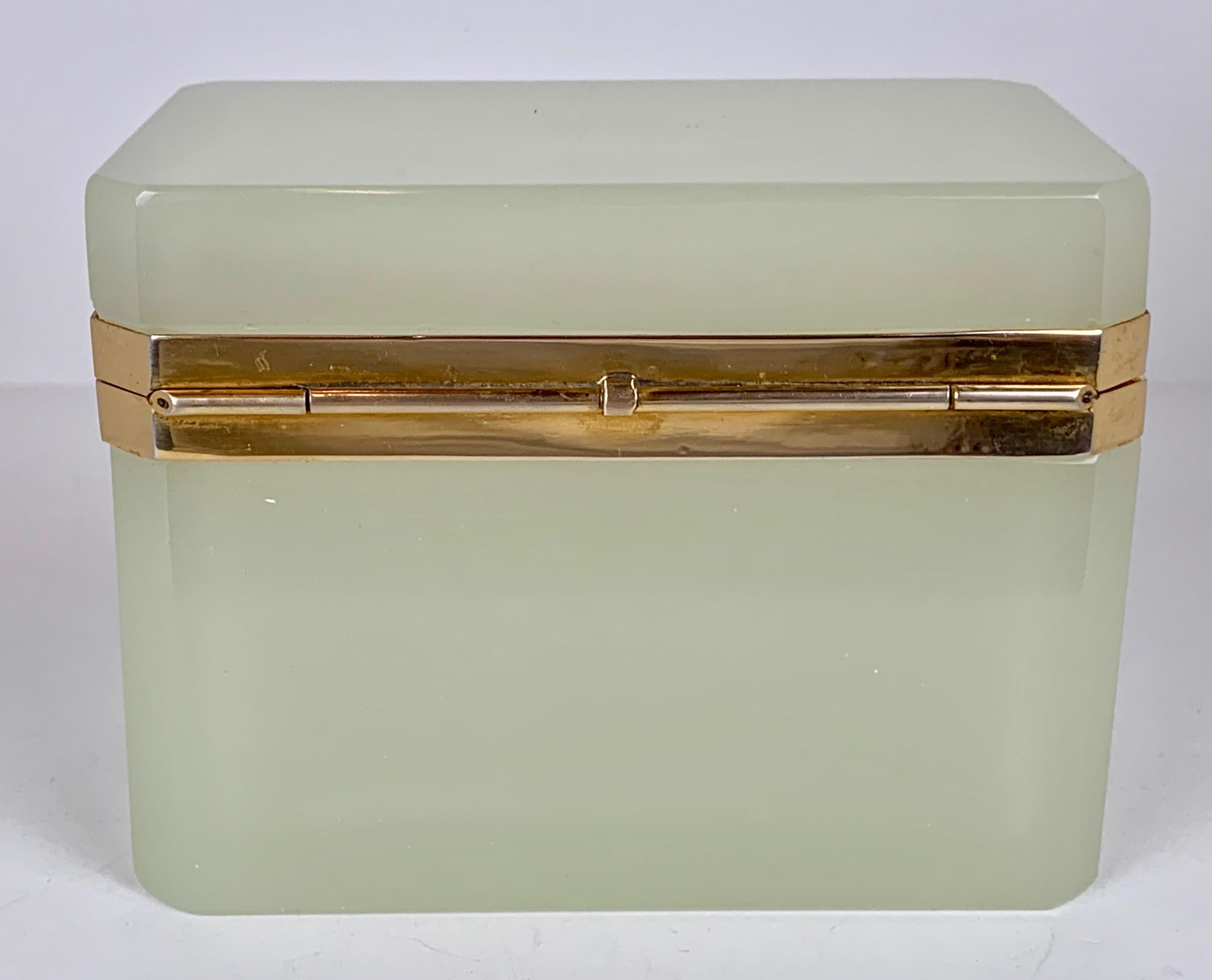 Hand-Crafted  French Hinged Celadon Opaline Glass Box with Gilt Frame & Key
