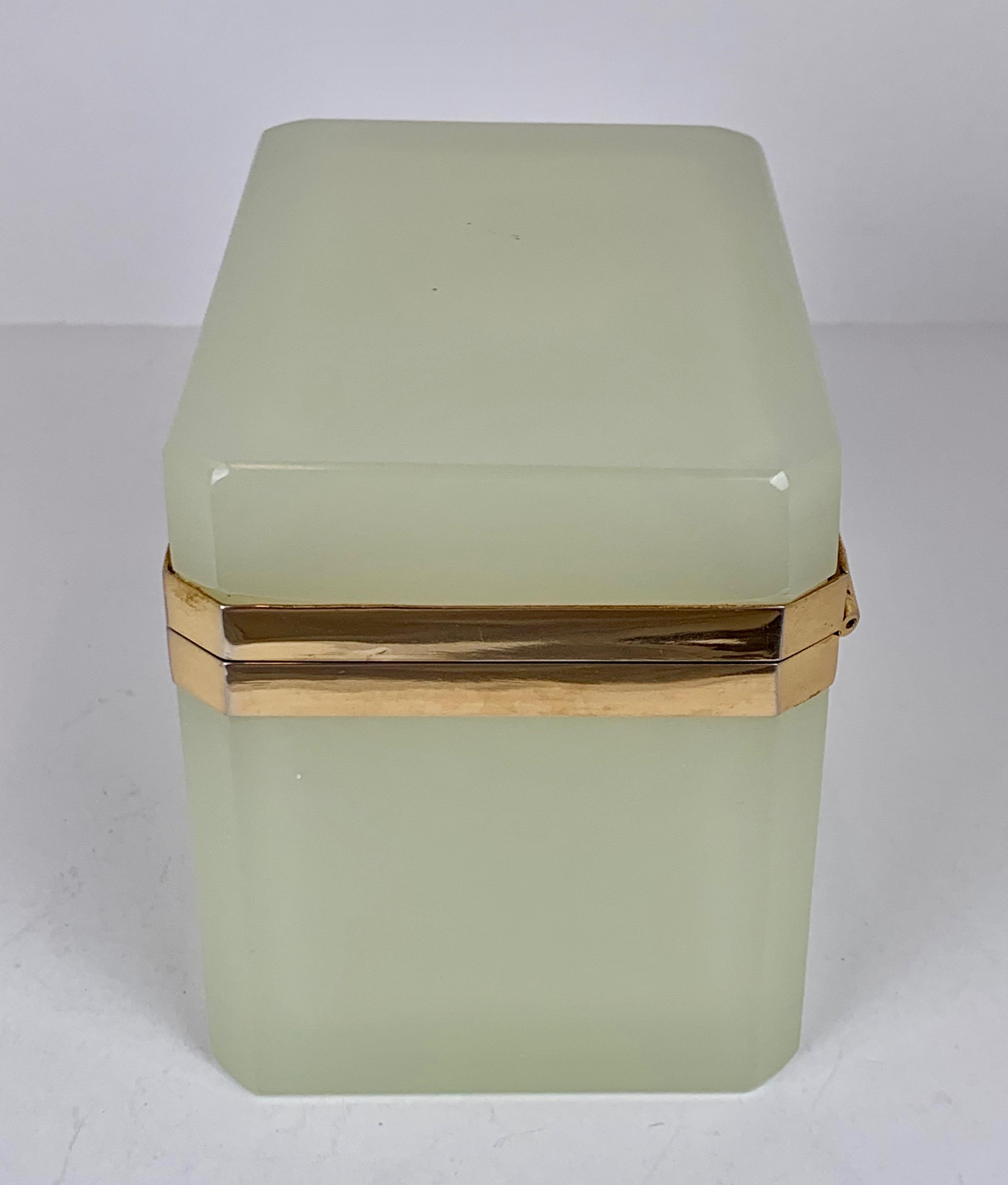  French Hinged Celadon Opaline Glass Box with Gilt Frame & Key In Good Condition In West Palm Beach, FL